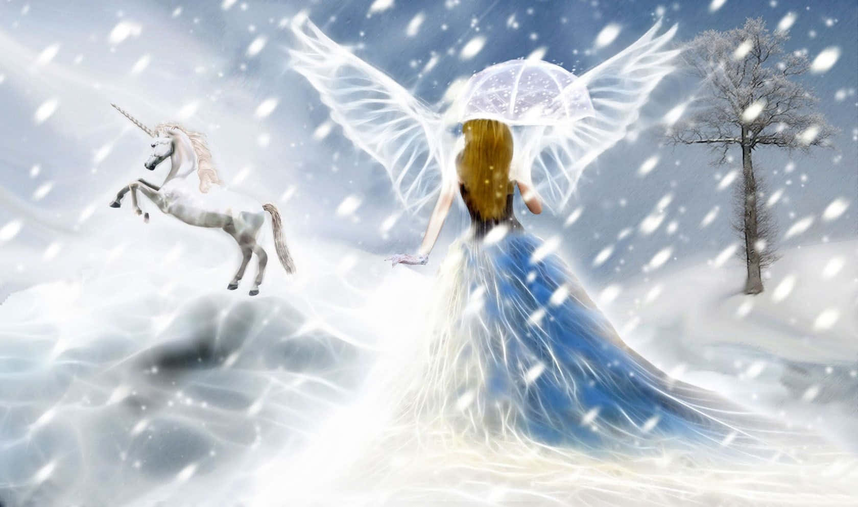 Snow Angel 桌布 壁紙 — 一位穿著藍色長袍、有翅膀的仙子拿著發光的雨傘，一隻白色獨角獸在她旁邊跳躍，背景是白雪皚皚的冬季場景。