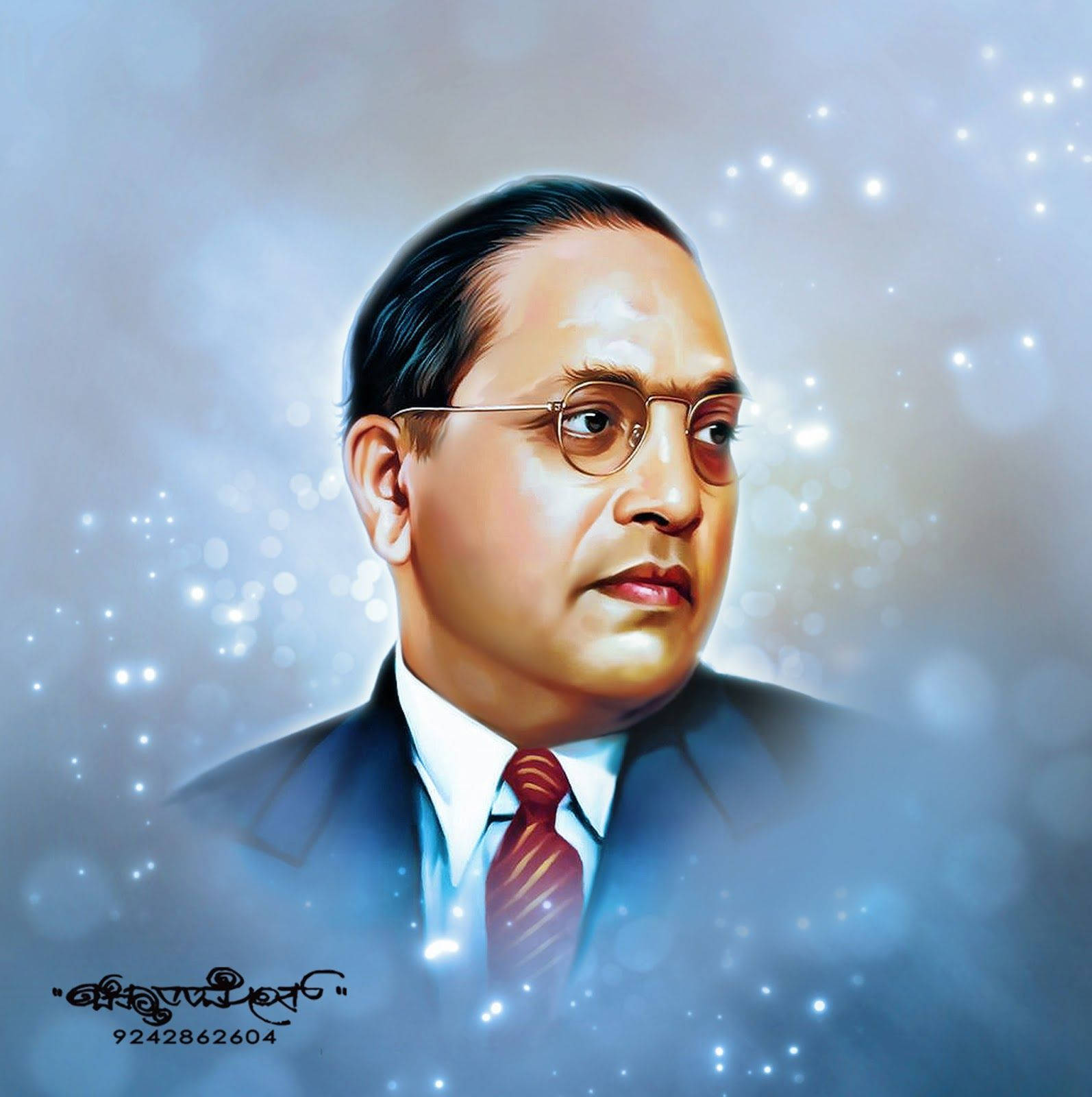 Ambedkar 桌布 壁紙 — 一位穿著西裝和眼鏡的男士的尊嚴肖像，背景是發光的藍色散景和閃爍的燈光。