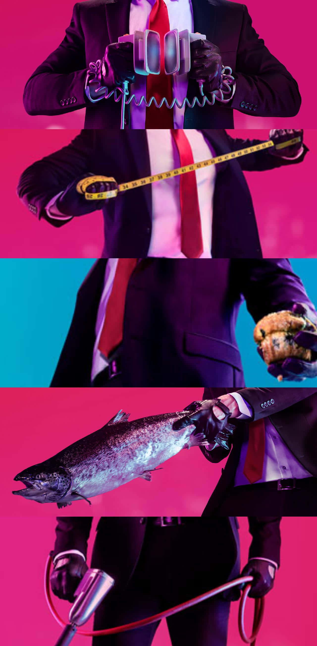 iPhone X Hitman 2 桌布 壁紙 — 一位穿著西裝的商人拿著捲尺、漢堡、鮭魚和聽診器，背景是鮮豔的粉紅色和藍色。