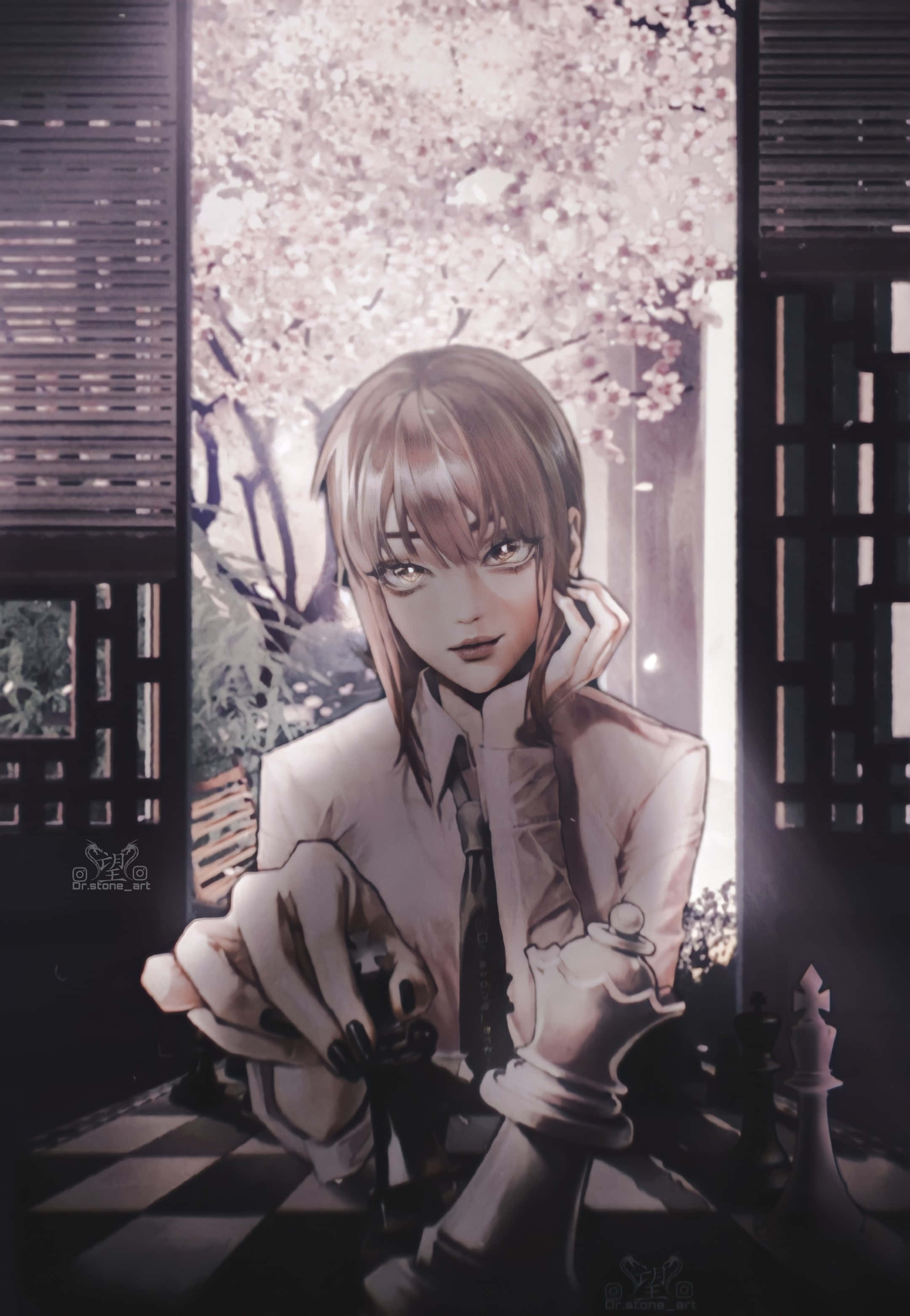 Makima Chainsaw Man 桌布 壁紙 — 一位穿著西裝的年輕動漫女孩在室內下棋，窗外櫻花柔和地閃耀。