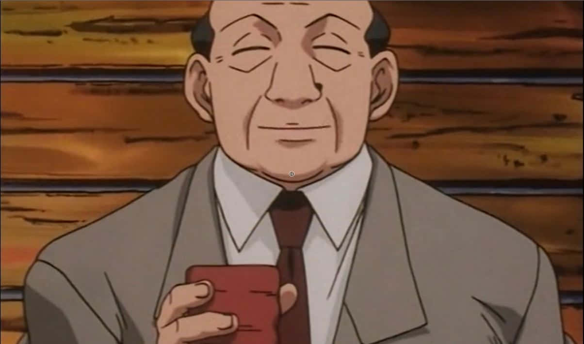 Hunter X Hunter Zebro 桌布 壁紙 — 一位穿著西裝的年長動畫男子，在木質背景前手持紅色杯子，露出溫暖的笑容。