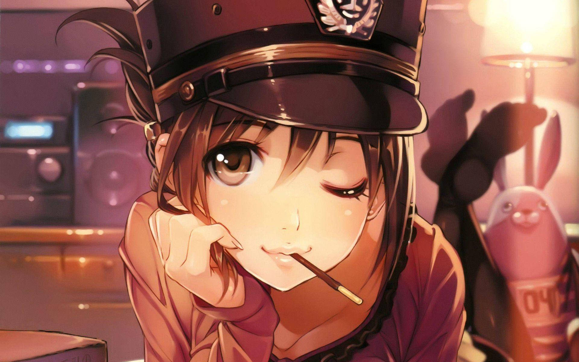彩色動圖 桌布 壁紙 — 一位穿著警察制服的年輕動漫女孩，用手托住下巴，叼著煙，沐浴在溫暖的室內燈光下。