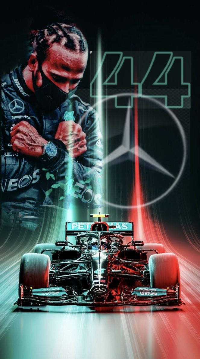 手機 桌布 壁紙 — 一位穿著賽車裝備的F1車手站在他的賓士賽車旁，車身帶有發光的霓虹燈和44號，呈現高能量數位藝術場景。