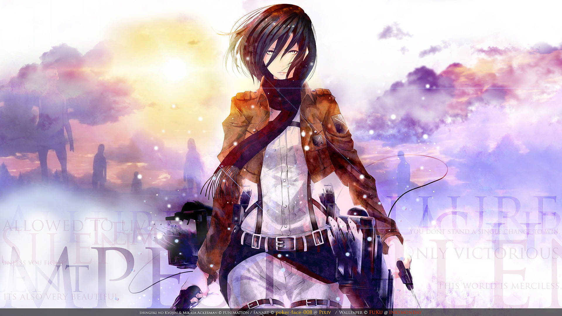 Mikasa Ackerman 桌布 壁紙 — 一位穿著軍裝的動漫女孩，站在充滿活力的日落天空前，背景有發光的粒子和模糊的剪影。