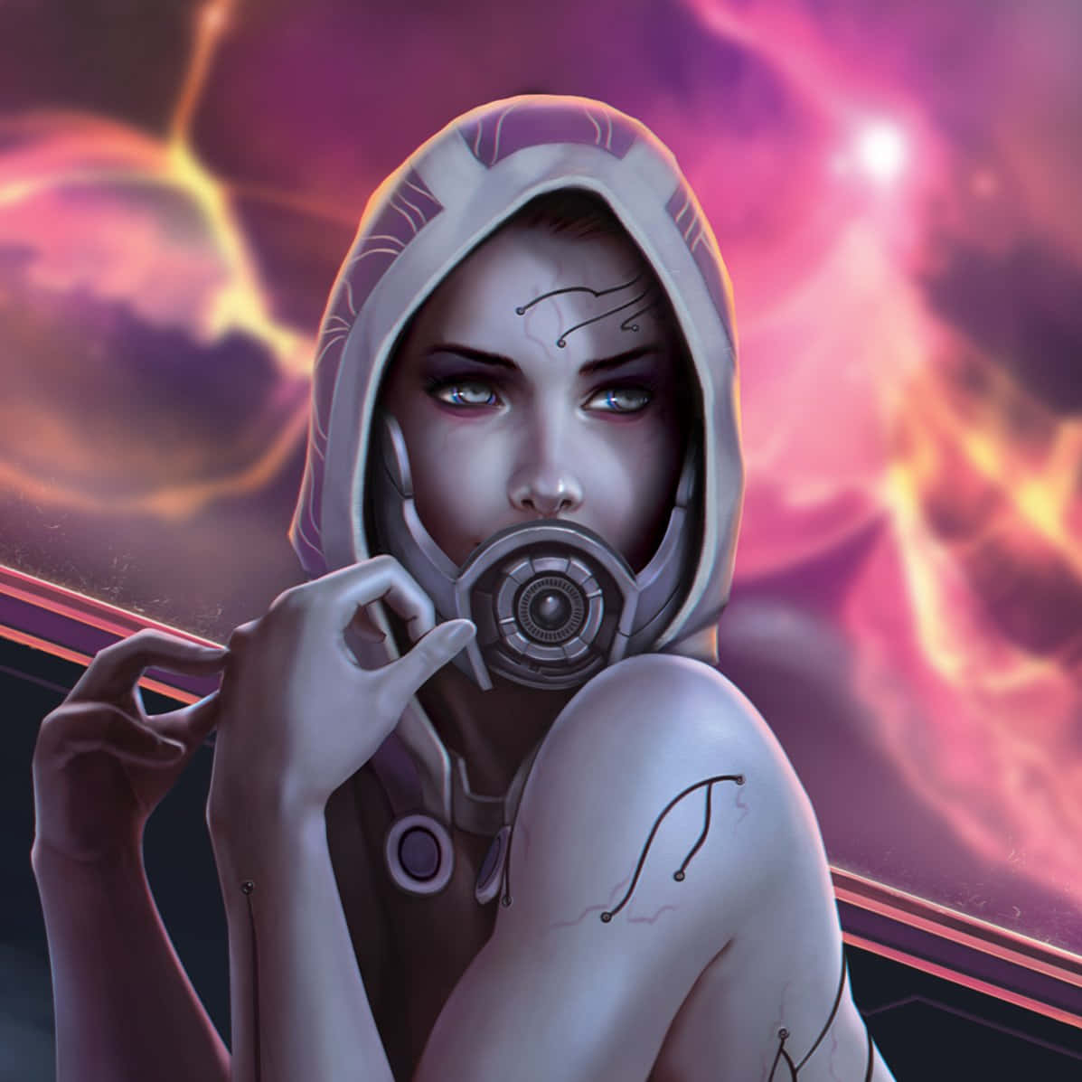 Tali'zorah 桌布 壁紙 — 一位穿著連帽套裝的機械化女性在熾熱的宇宙星雲背景下調整她的呼吸面罩。