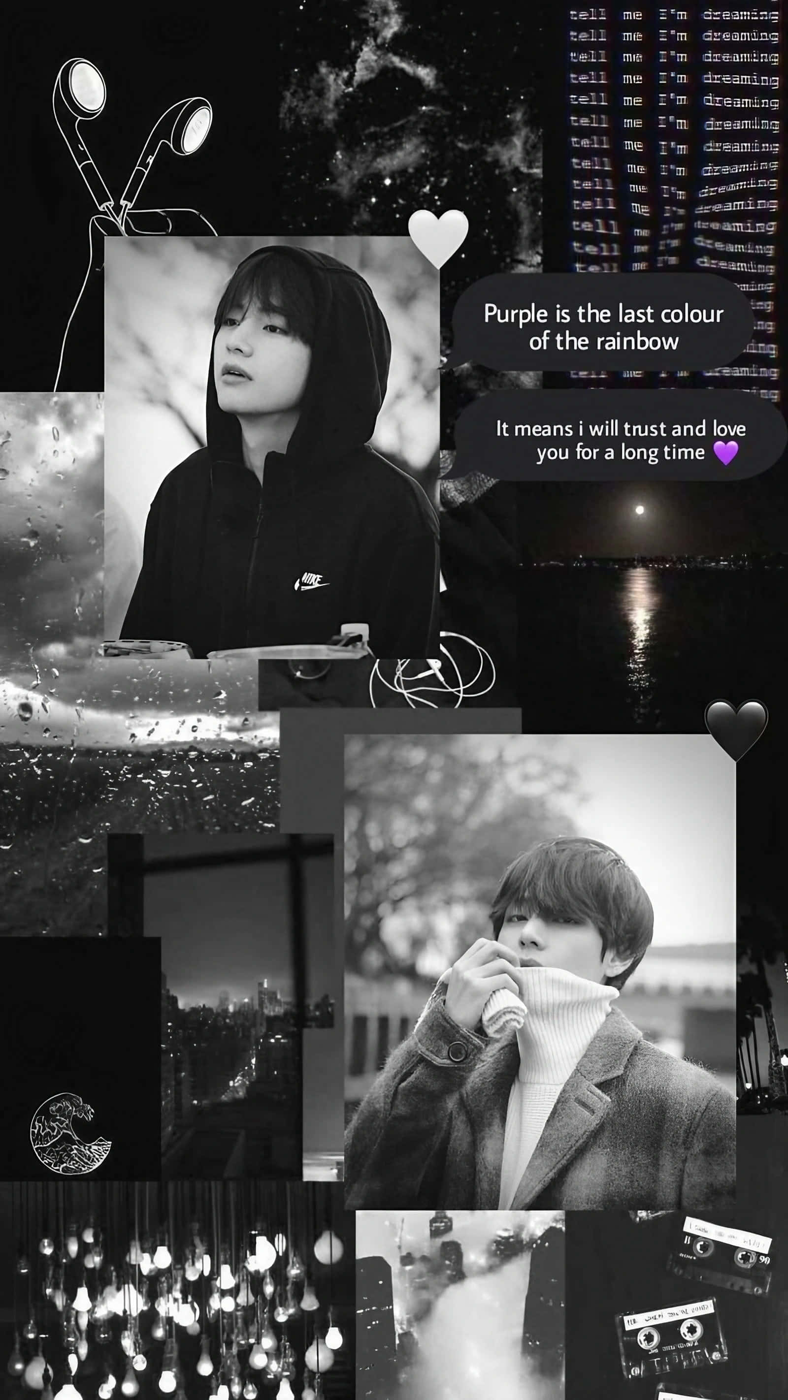 Aesthetic Korean 桌布 壁紙 — 一位穿著連帽衫和外套的年輕男性的黑白拼貼畫，周圍環繞著城市景觀、卡式錄音帶和浪漫文字疊加。