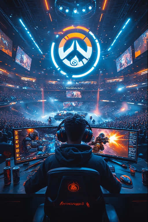 Esports Arena Gamer Wallpaper 4K 壁紙 — 一位穿著連帽衫的玩家坐在桌前，面對兩個顯示《鬥陣特攻》遊戲畫面的顯示器，周圍是一個巨大的競技場，有發光的藍色和橙色燈光，上方有一個大型《鬥陣特攻》標誌。