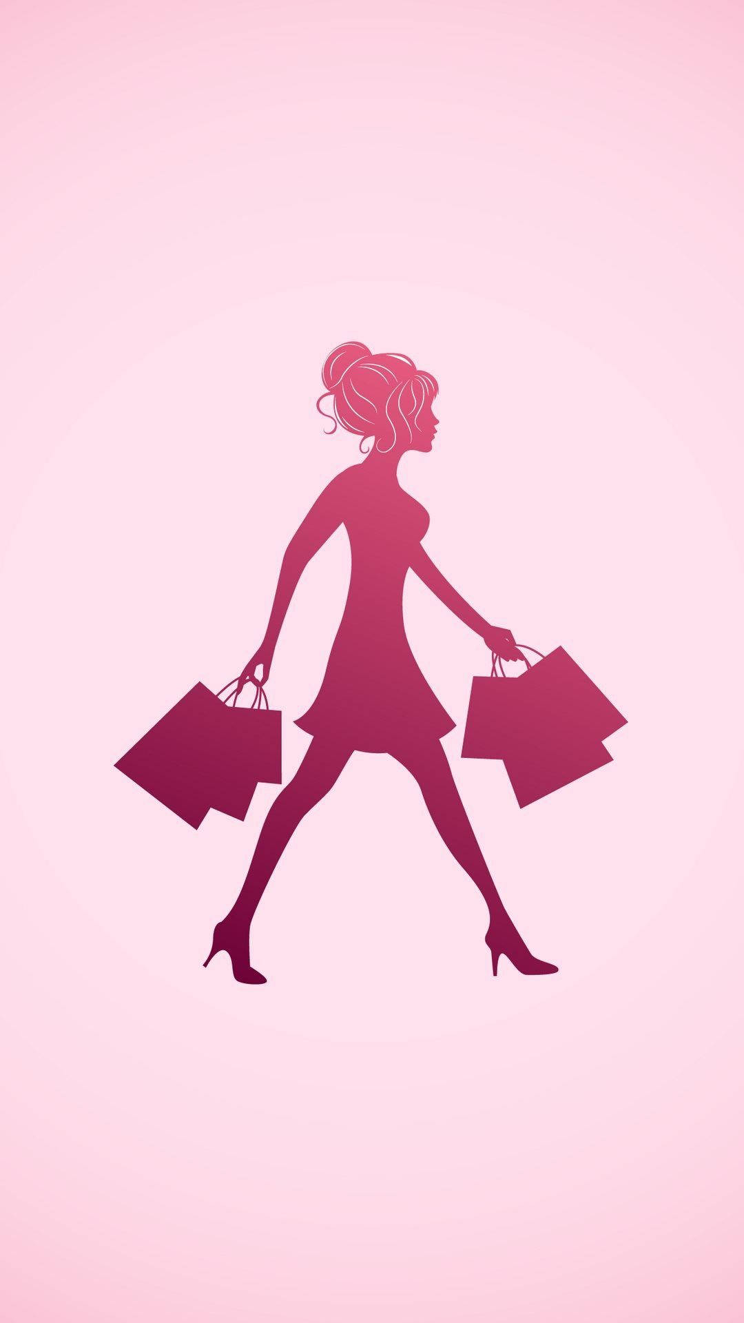 Shopping 桌布 壁紙 — 一位穿著連衣裙和高跟鞋的女性的風格化剪影，在柔和的粉紅色漸變背景上攜帶購物袋。
