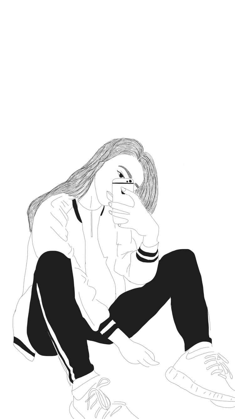 Sketches 桌布 壁紙 — 一位穿著運動服的年輕女性盤腿坐在地板上，專注地看著手機。
