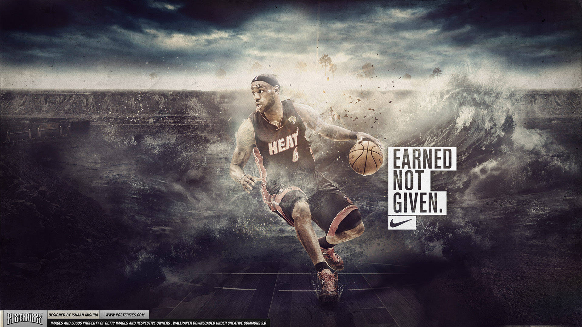 lebron james cool 桌布 壁紙 — 一位穿著邁阿密熱火球衣的籃球運動員在暴風雨峽谷中運球，伴隨著洶湧的海浪和戲劇性的燈光。
