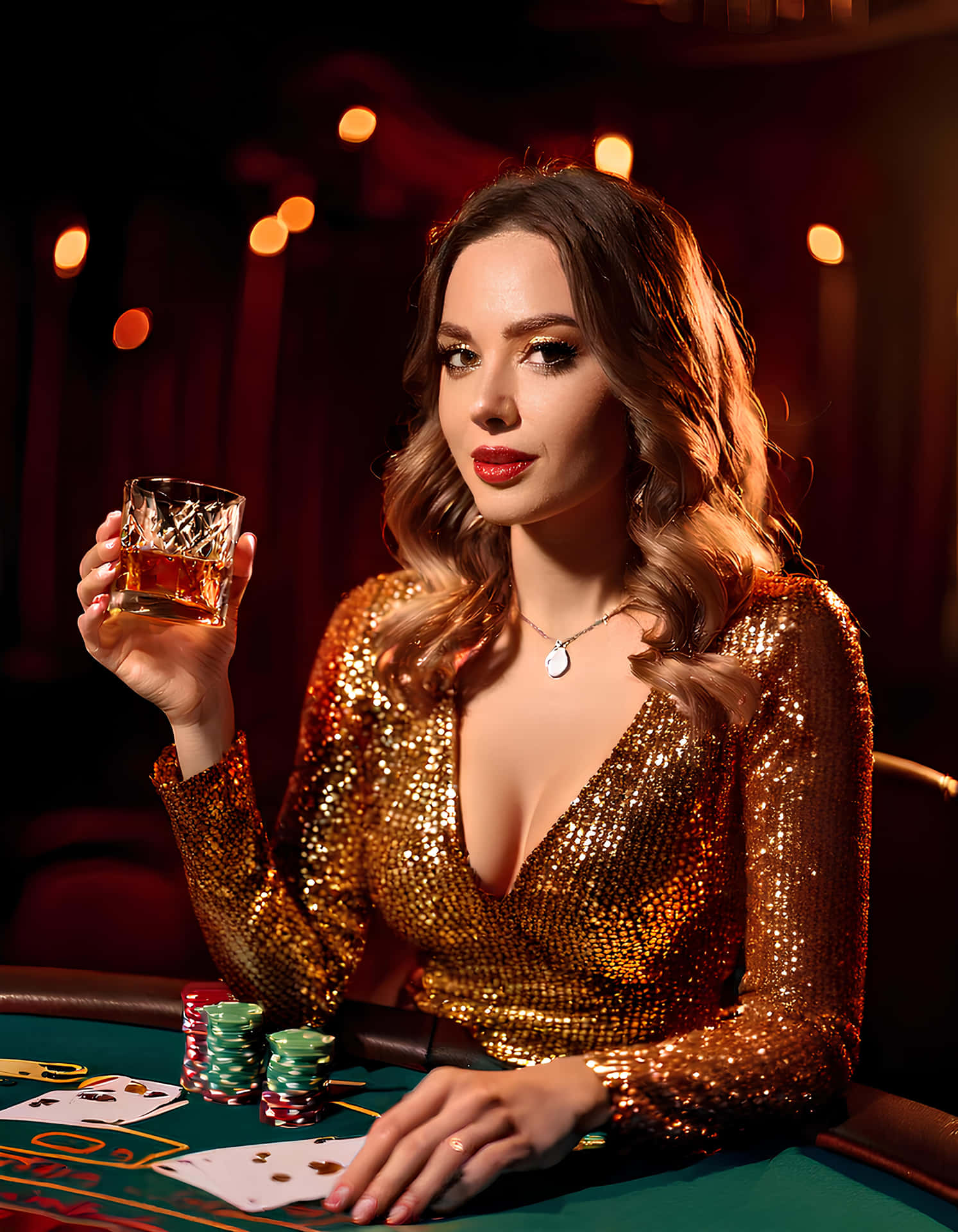 Casino Queen 壁紙 — 一位穿著金色亮片連衣裙的迷人女士在賭桌旁手持威士忌杯，桌上有籌碼和撲克牌。