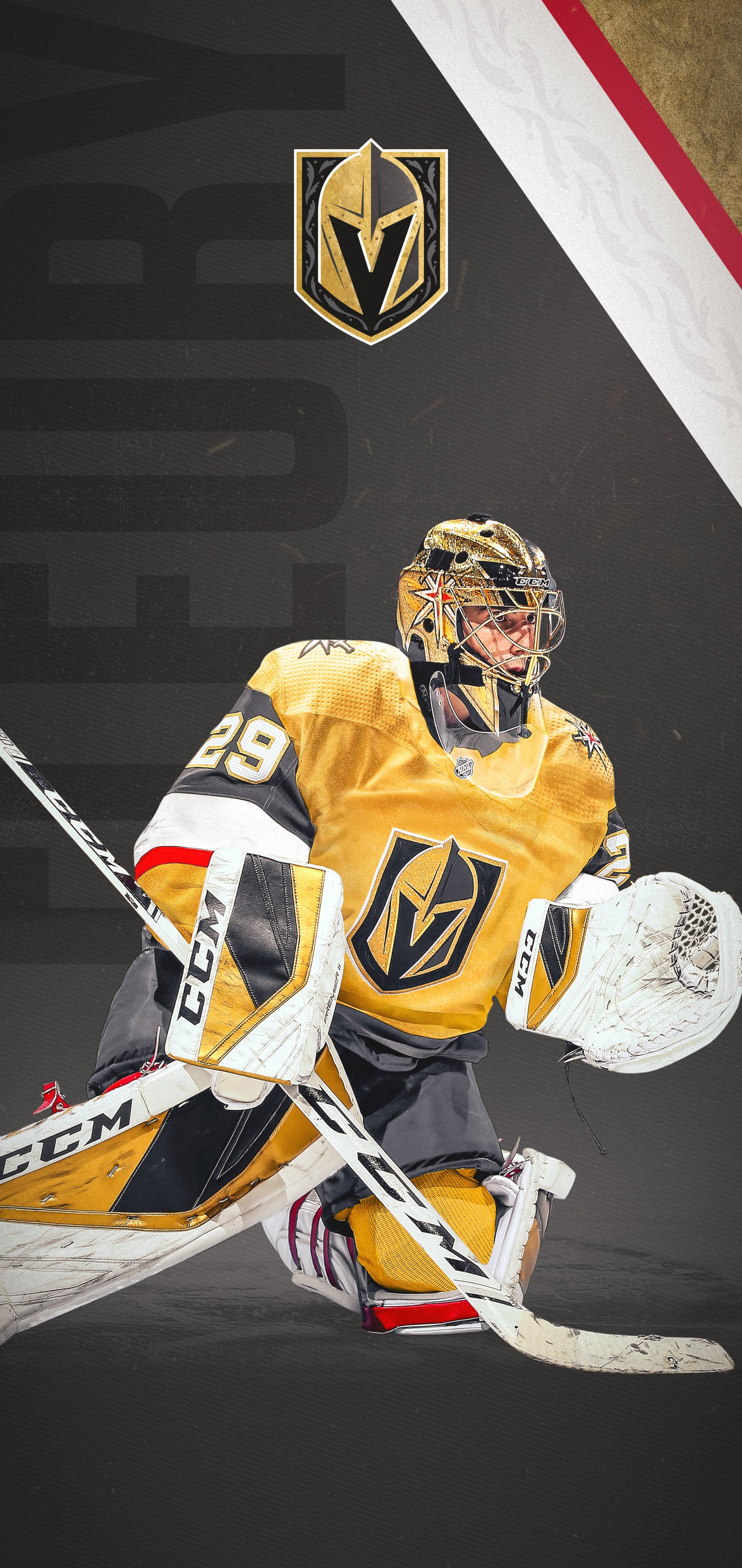 hockey 桌布 壁紙 — 一位穿著金色和黑色裝備的維加斯金騎士冰球守門員，在帶有球隊標誌的深色背景前蹲下，準備好球桿和護具。