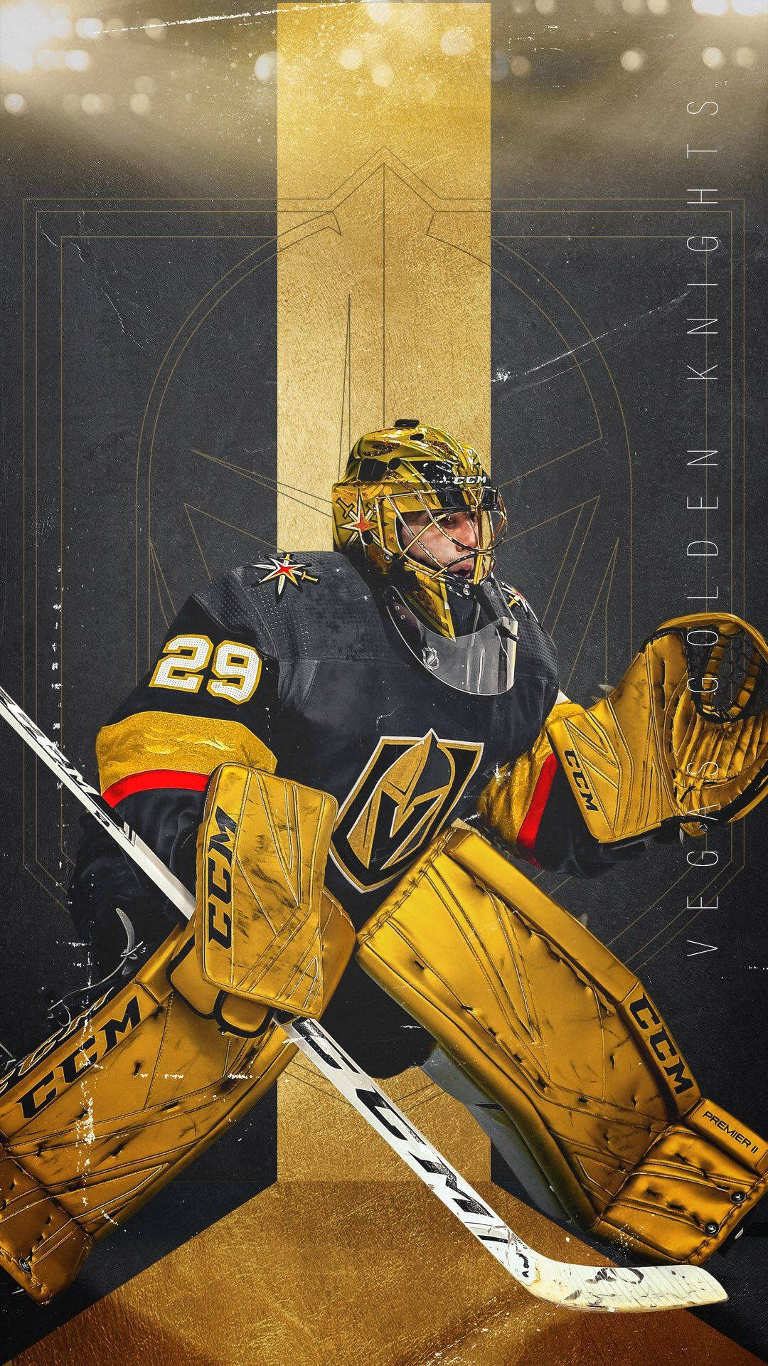 hockey 桌布 壁紙 — 一位穿著金色和黑色裝備的維加斯黃金騎士冰球守門員，在幾何金色和深色背景前動態地蹲下。