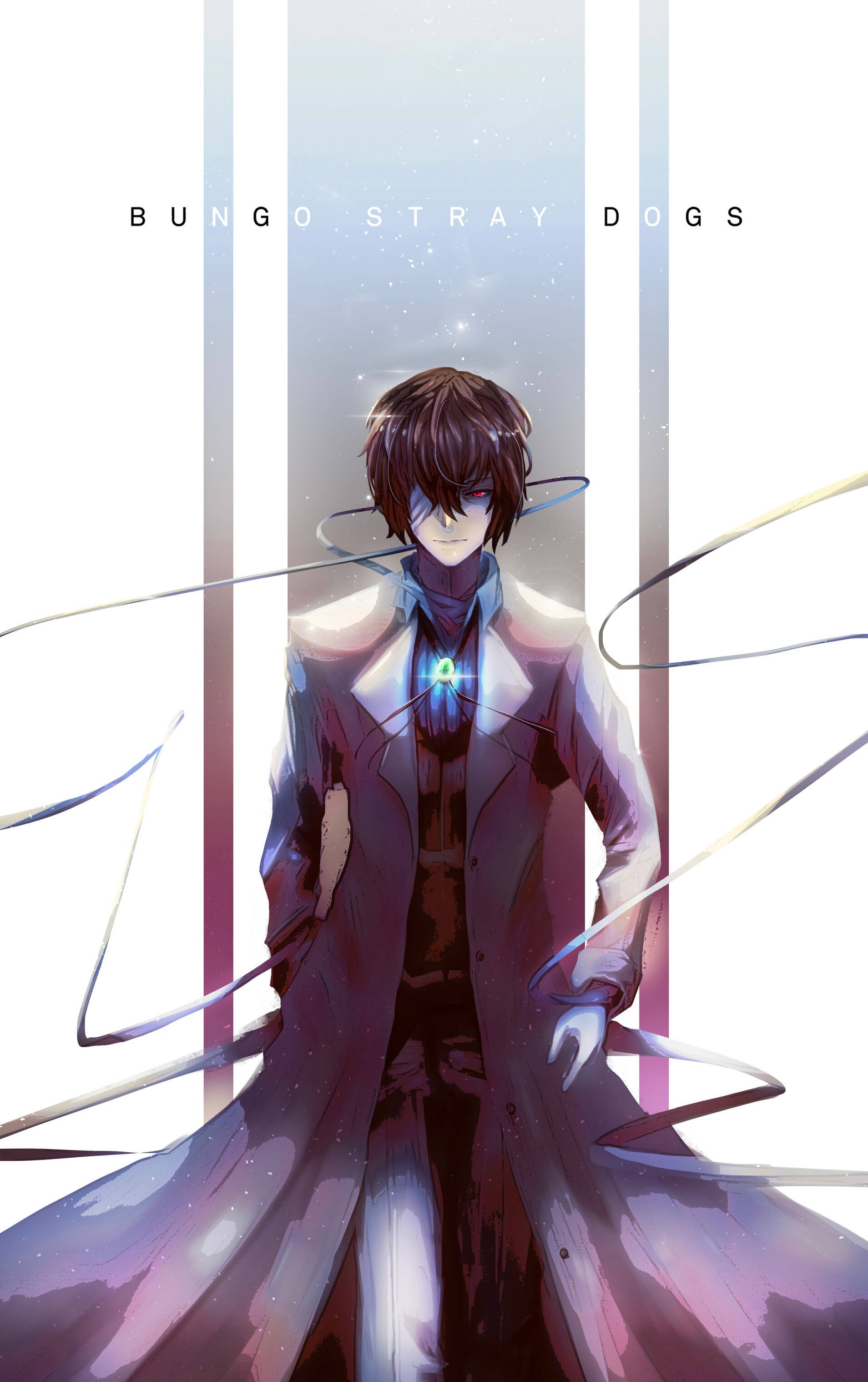 Dazai 桌布 壁紙 — 一位穿著長外套的年輕動漫男子站在發光的垂直光束之間，周圍環繞著旋轉的能量線條。