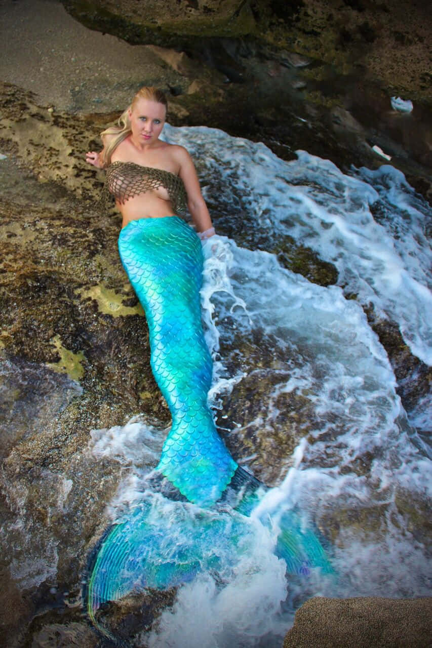 美人魚 桌布 壁紙 — 一位穿著閃爍藍綠色美人魚尾巴的女性在濕岩石上休憩，海浪在她周圍拍打。