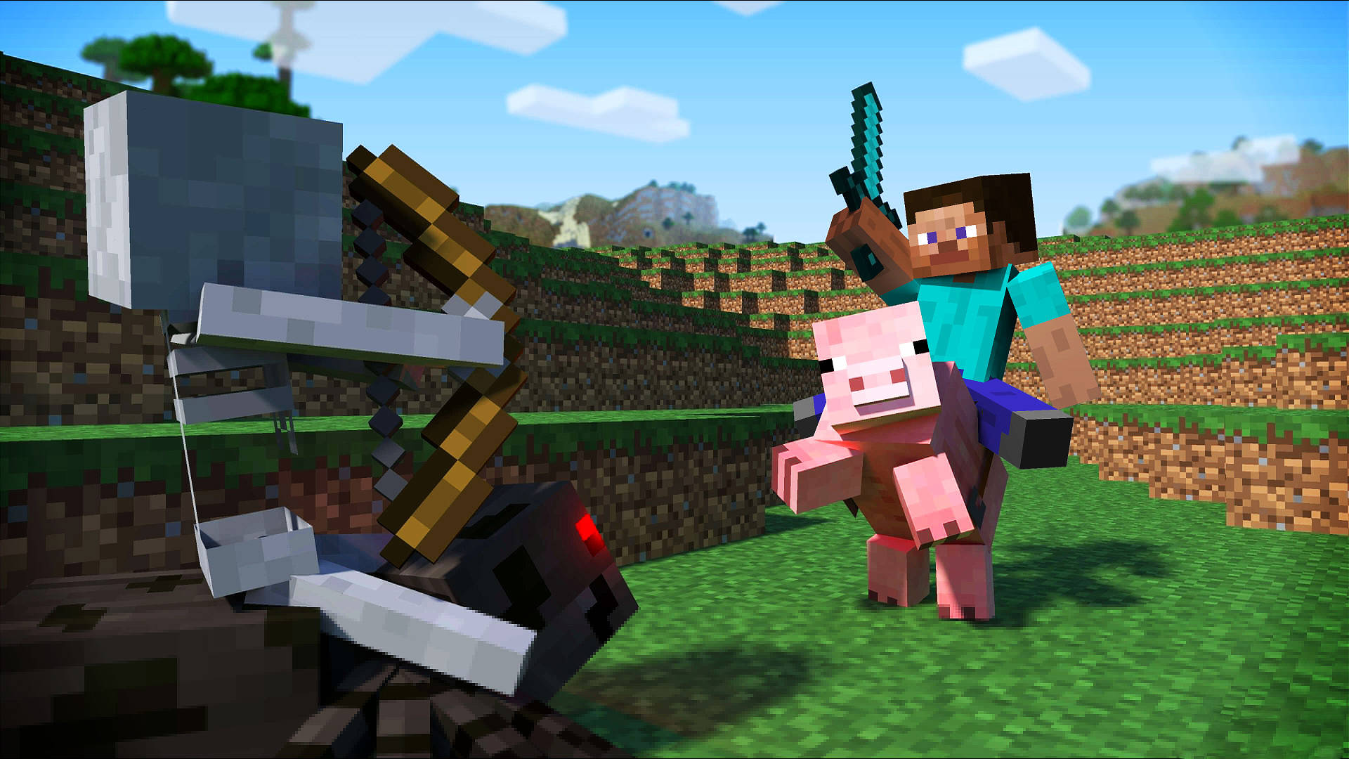 我的世界 桌布 壁紙 — 一位穿著青綠色襯衫的Minecraft玩家騎著粉紅色的豬，在藍天下長滿草的山丘上用劍與骷髏戰鬥。