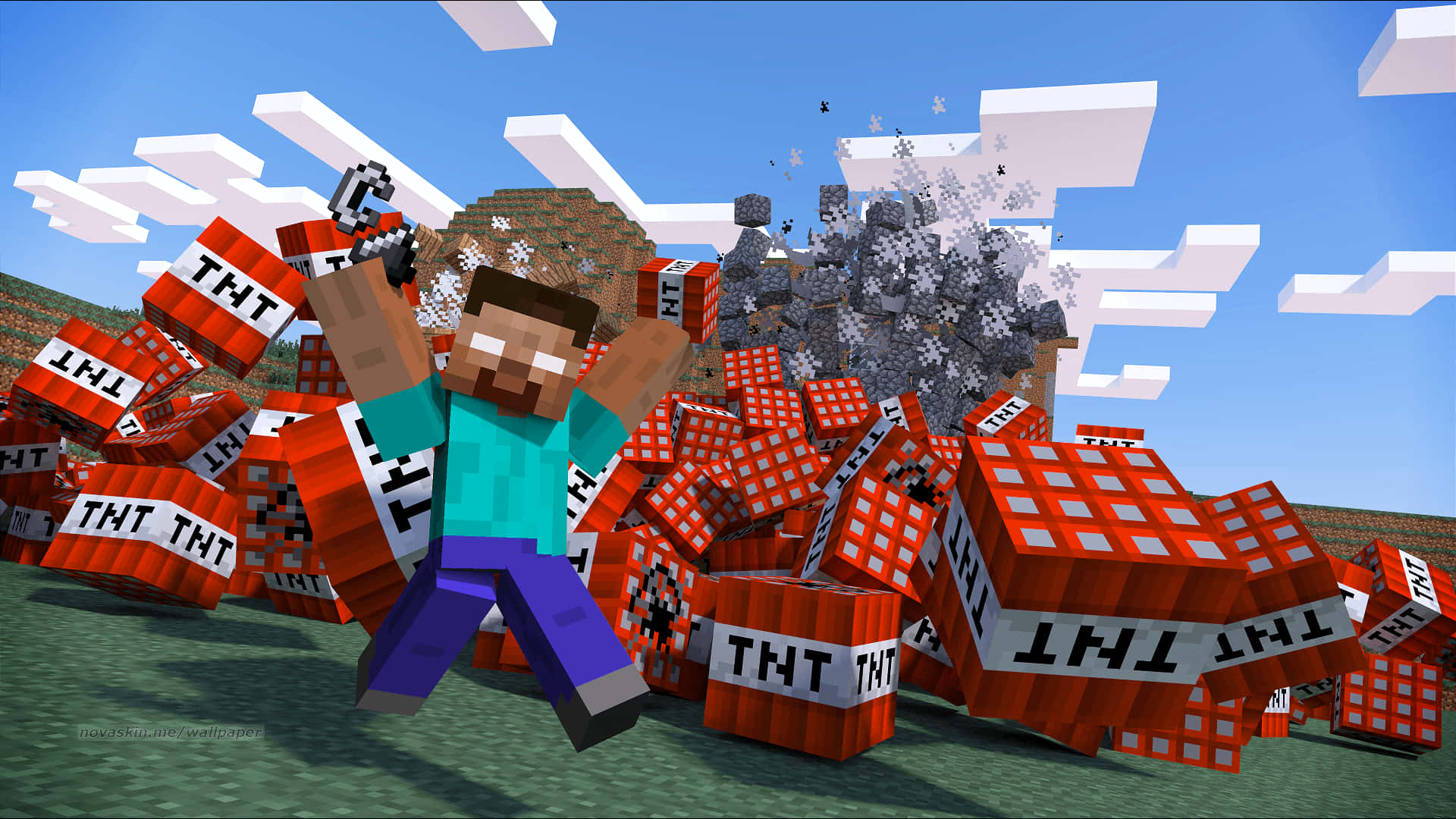 遊戲 桌布 壁紙 — 一位穿著青色襯衫的Minecraft玩家在晴朗藍天和方塊雲下，於爆炸的TNT方塊中慶祝。