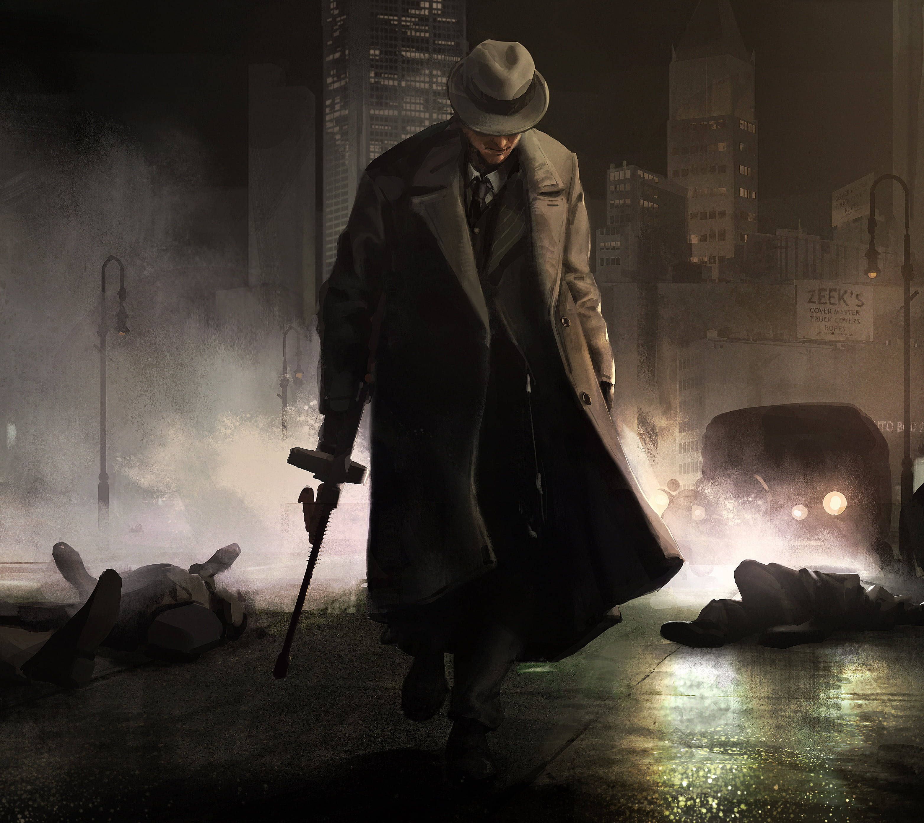 Mafia 桌布 壁紙 — 一位穿著風衣的偵探在煙霧瀰漫、霓虹燈閃爍的城市街道夜間走過，經過倒下的屍體和一輛復古汽車。