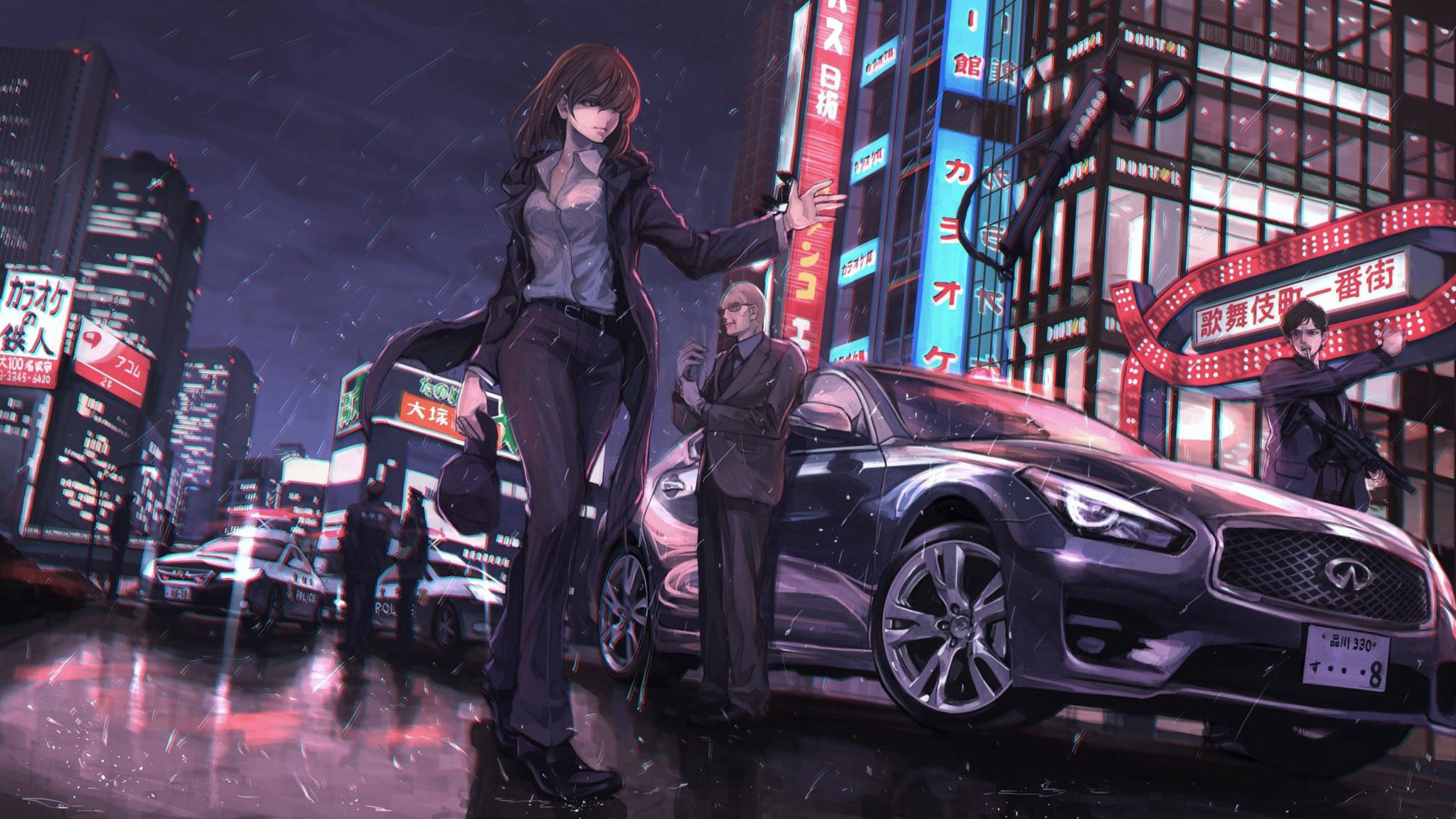 動漫車 桌布 壁紙 — 一位穿著風衣的時尚動漫女性，在霓虹燈下、雨中的未來城市景觀中，自信地站在一輛時尚的黑色跑車旁邊。