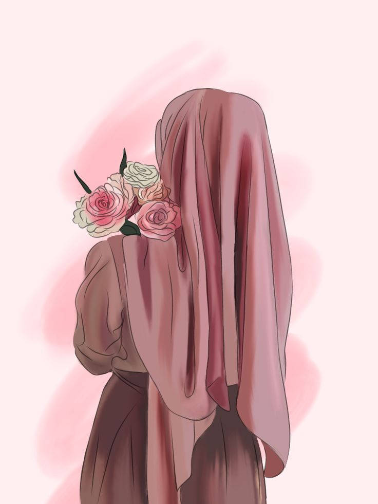 muslim 桌布 壁紙 — 一位穿著飄逸粉紅色頭巾的人，手持一束柔和的粉紅色和白色玫瑰，背景是溫柔的淡粉紅色。