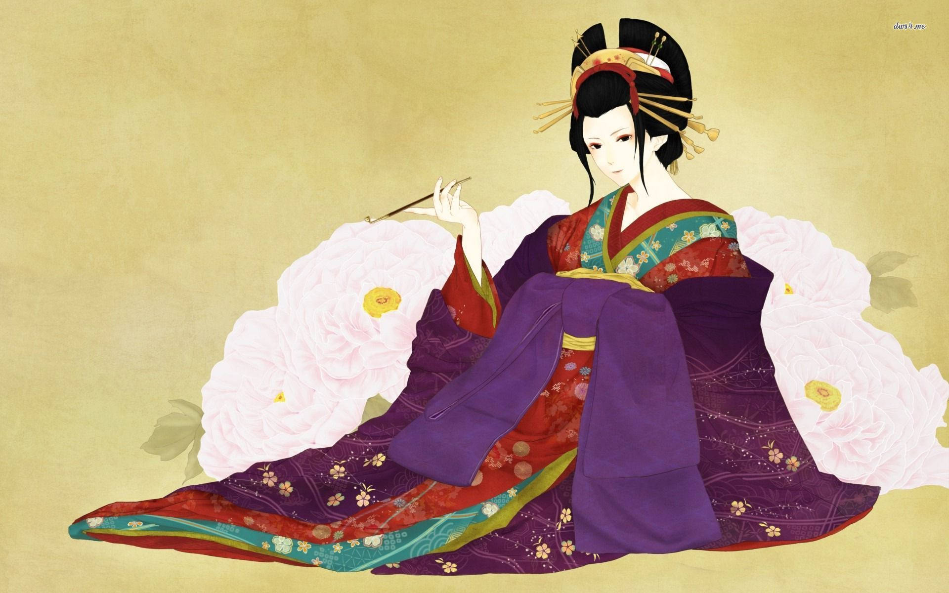 Geisha 桌布 壁紙 — 一位穿著鮮豔紫紅色和服的寧靜藝妓，在溫暖的米色背景旁，優雅地坐在大朵粉紅色牡丹旁邊。