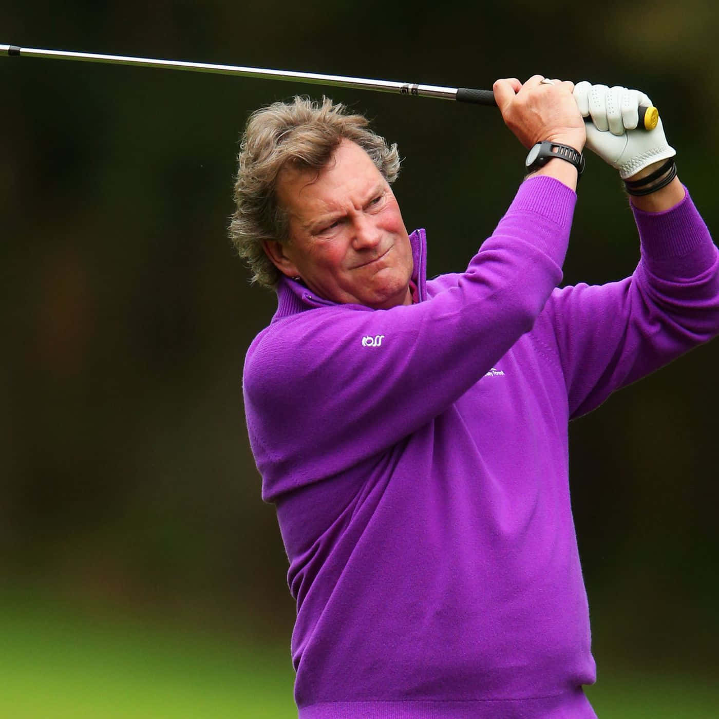 足球 桌布 壁紙 — 一位穿著鮮豔紫色毛衣的高爾夫球手，在模糊的綠色背景下，專注地揮動球桿。