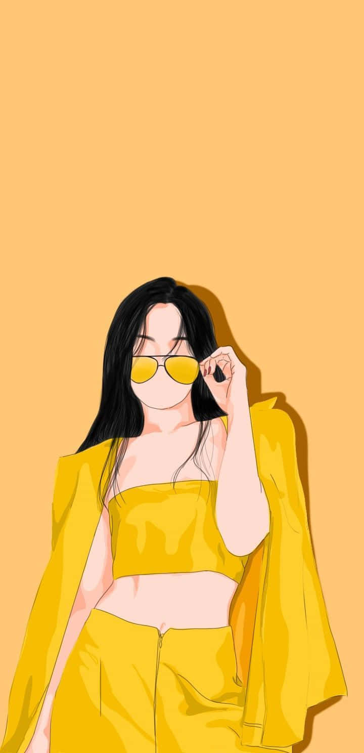 桌布 壁紙 — 一位穿著黃色服裝和太陽眼鏡的時尚女性，在帶有柔和陰影的純橙色背景前擺姿勢。