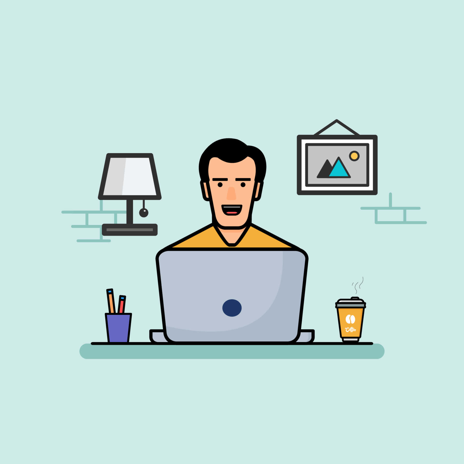 Working 桌布 壁紙 — 一位穿著黃色襯衫的開朗男士在簡約的辦公桌上使用筆記型電腦工作，旁邊放著一杯咖啡和一盞燈，面帶微笑。