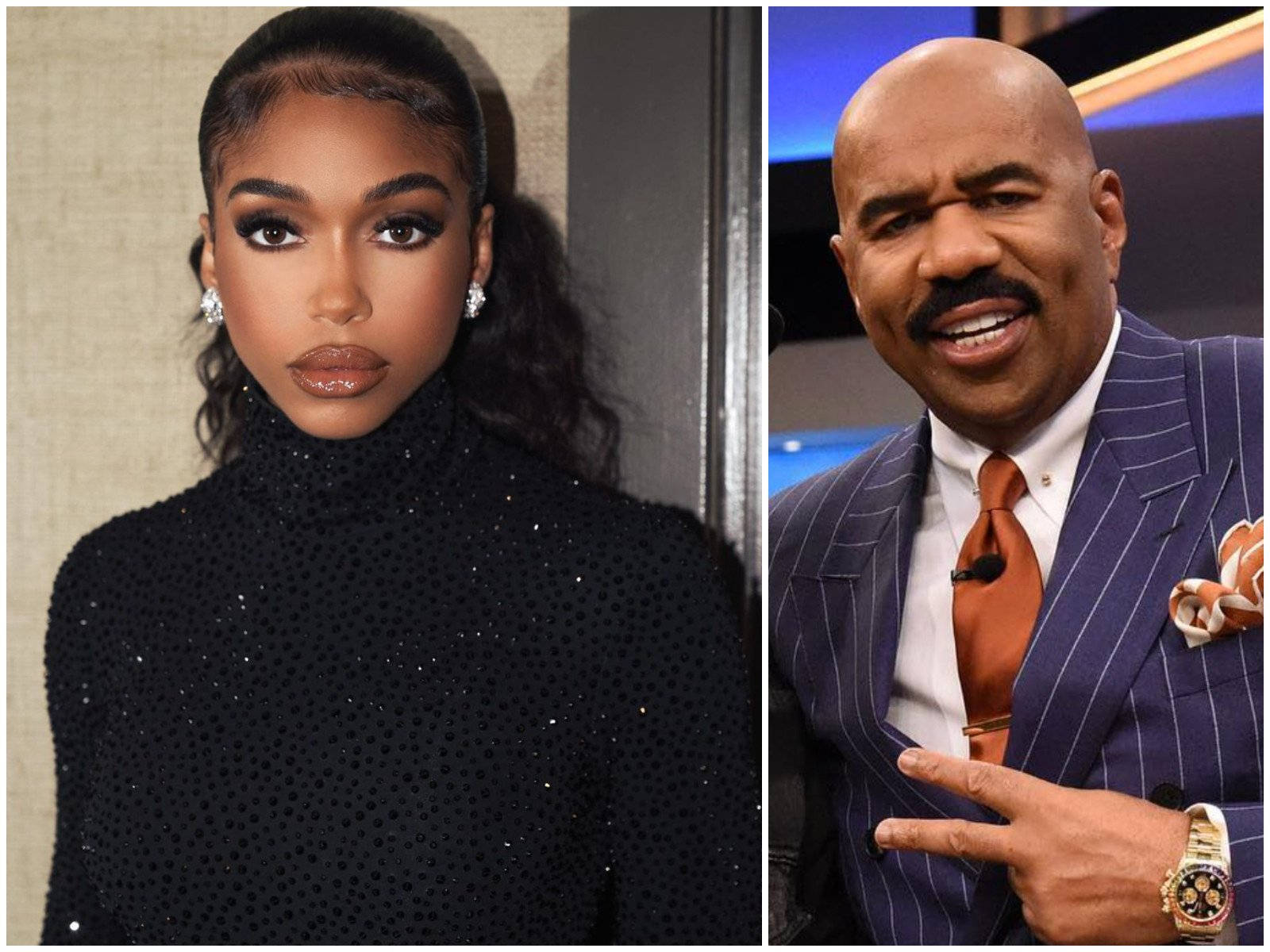 steve harvey 桌布 壁紙 — 一位穿著黑色亮片高領毛衣的迷人女士和一位穿著細條紋西裝、微笑比出和平手勢的男士的分割肖像。