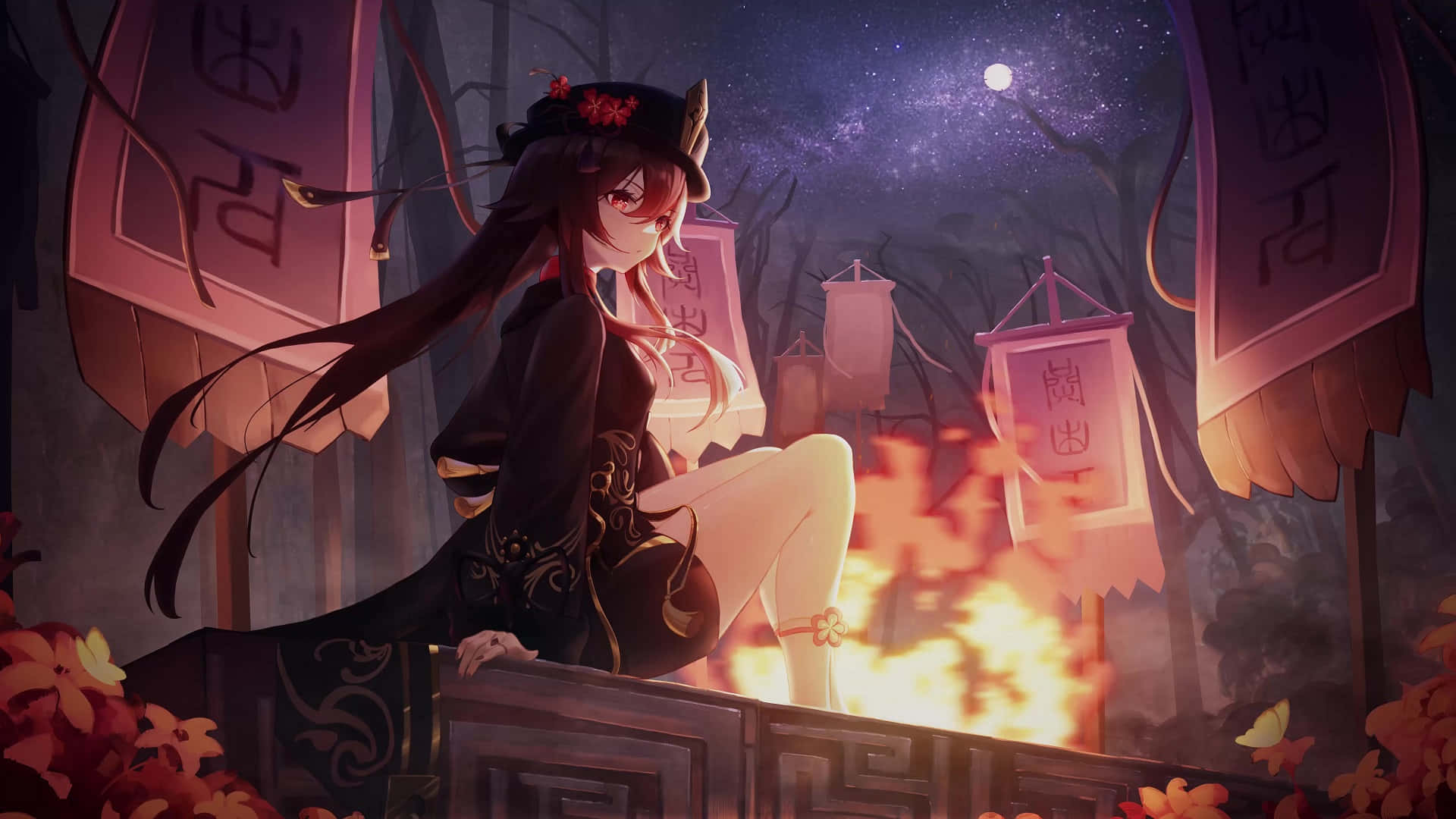 Animated 桌布 壁紙 — 一位穿著黑色和服的年輕動漫女孩坐在溫暖的營火旁，星空下閃爍的燈籠和秋葉。