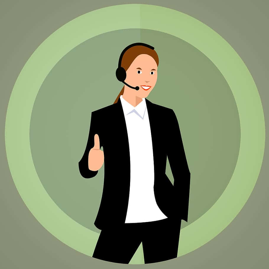 Customer Service 桌布 壁紙 — 一位穿著黑色西裝和耳機的愉快客戶服務代理在綠色圓形背景前豎起大拇指。