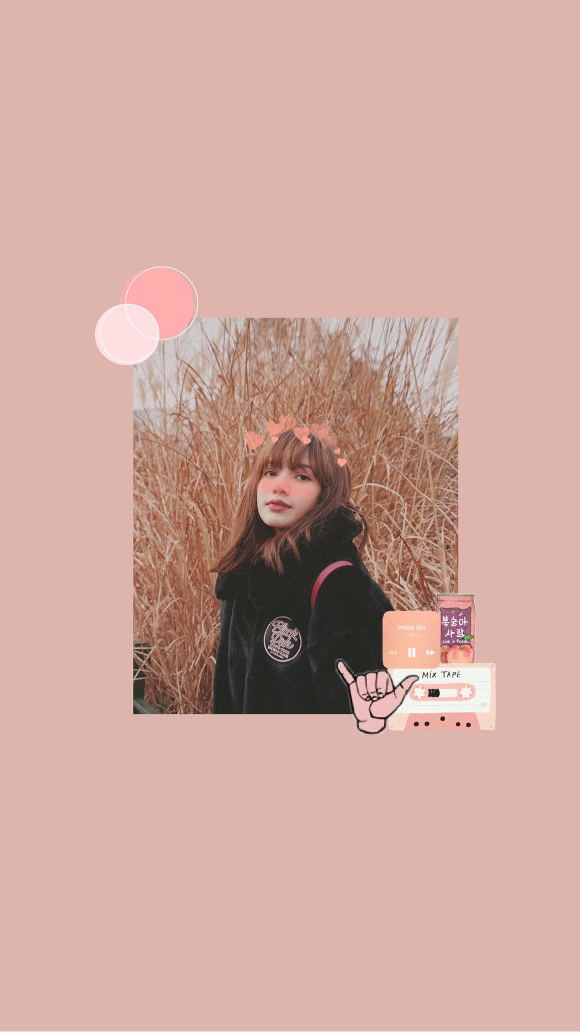 Picsart 桌布 壁紙 — 一位穿著黑色連帽衫的年輕女性站在高大的乾草中，背景是柔和的粉紅色，帶有粉紅色圓形疊加和卡式錄音帶圖案。
