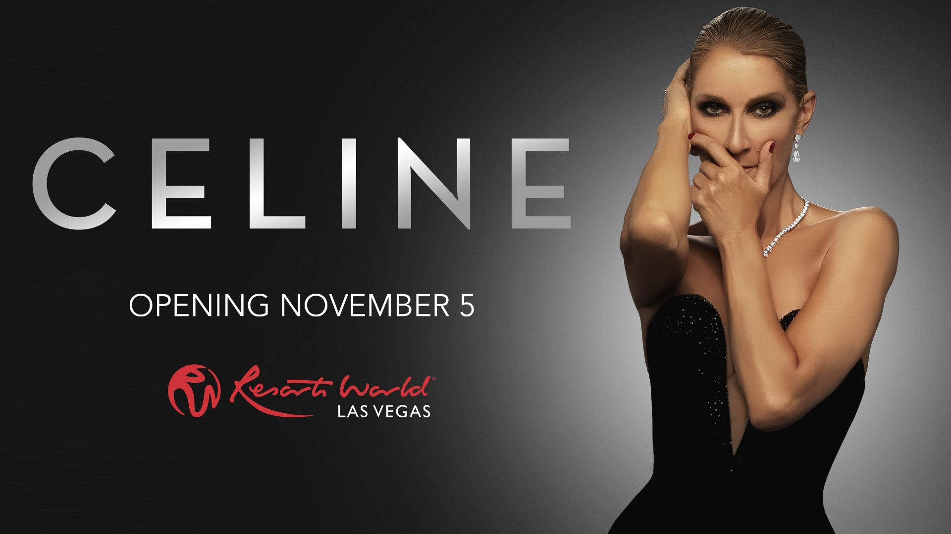 Celine 桌布 壁紙 — 一位穿著黑色連衣裙的迷人女士在帶有 'CELINE' 文字和拉斯維加斯度假村品牌的深色漸變背景前優雅地擺姿勢。