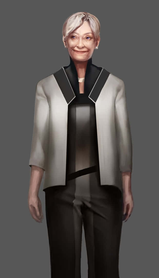 Android Civilization Beyond Earth 桌布 壁紙 — 一位端莊的銀灰色短髮老年女性，穿著時尚的黑色和銀色服裝，在純灰色背景前溫暖地微笑。