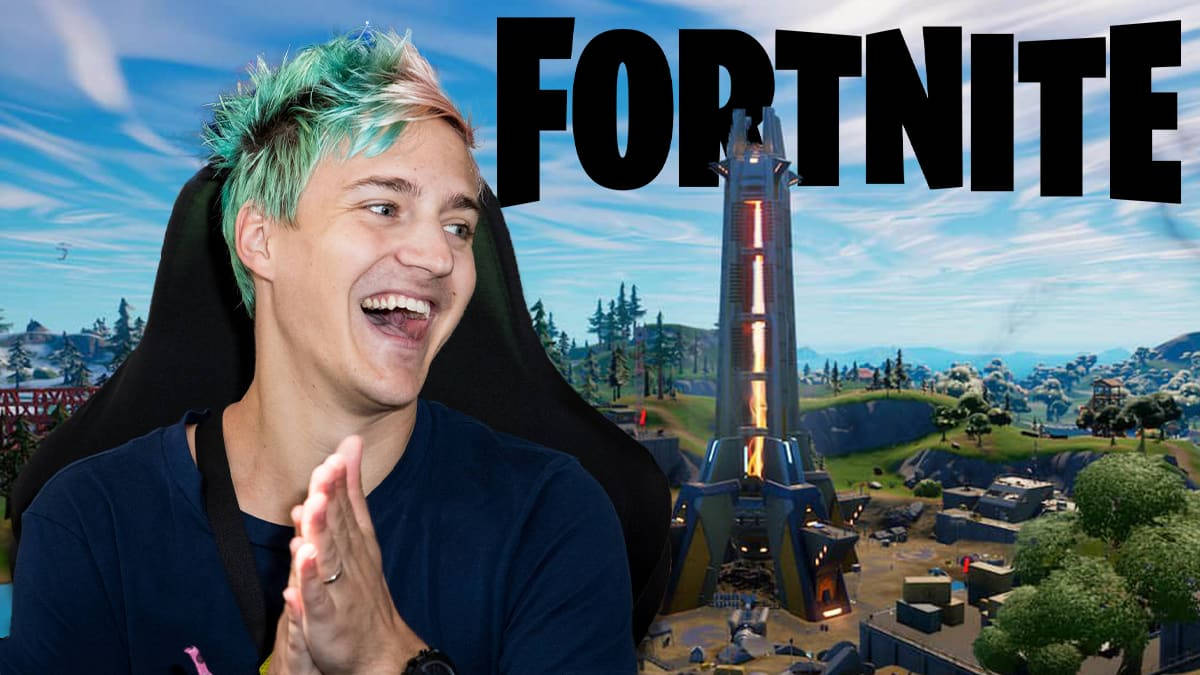 Ninja Fortnite 桌布 壁紙 — 一位笑容滿面、綠髮的遊戲玩家在《要塞英雄》遊戲場景（有發光塔和風景）前興奮地拍手。