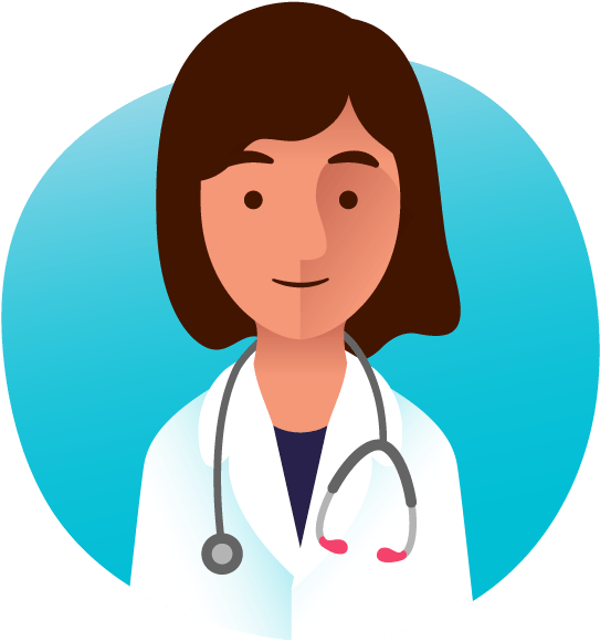 Physician 桌布 壁紙 — 一位笑容滿面的女醫生，棕色頭髮，身穿白袍，掛著聽診器，背景為青綠色圓形。