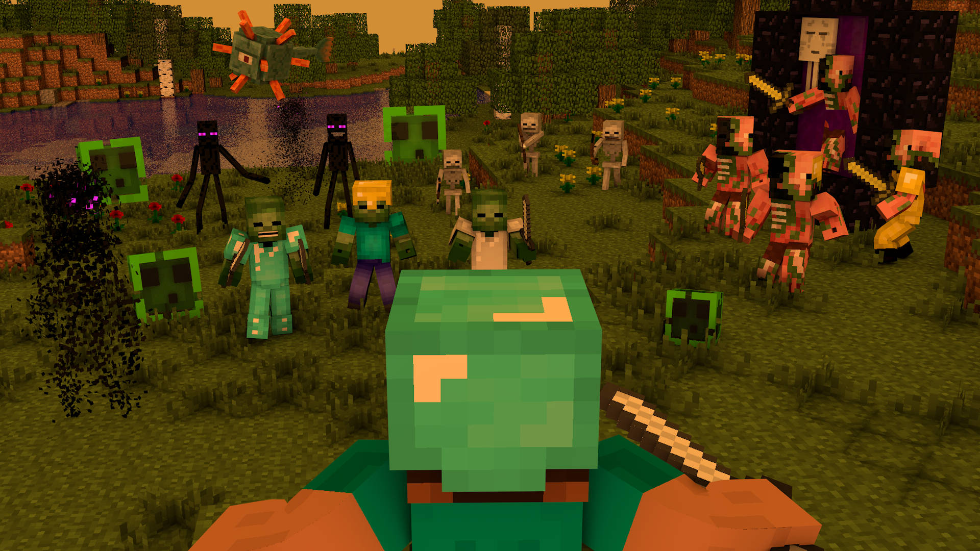 高清 桌布 壁紙 — 一位第一人稱Minecraft玩家在黃昏的草地生態域面對一群敵對生物，包括殭屍、苦力怕和骷髏。