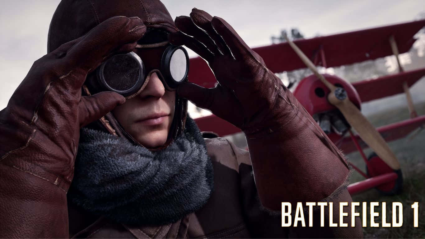1366x768 Battlefield 1 桌布 壁紙 — 一位第一次世界大戰的飛行員穿著皮革裝備，在陰天中站在紅色雙翼機旁調整護目鏡。