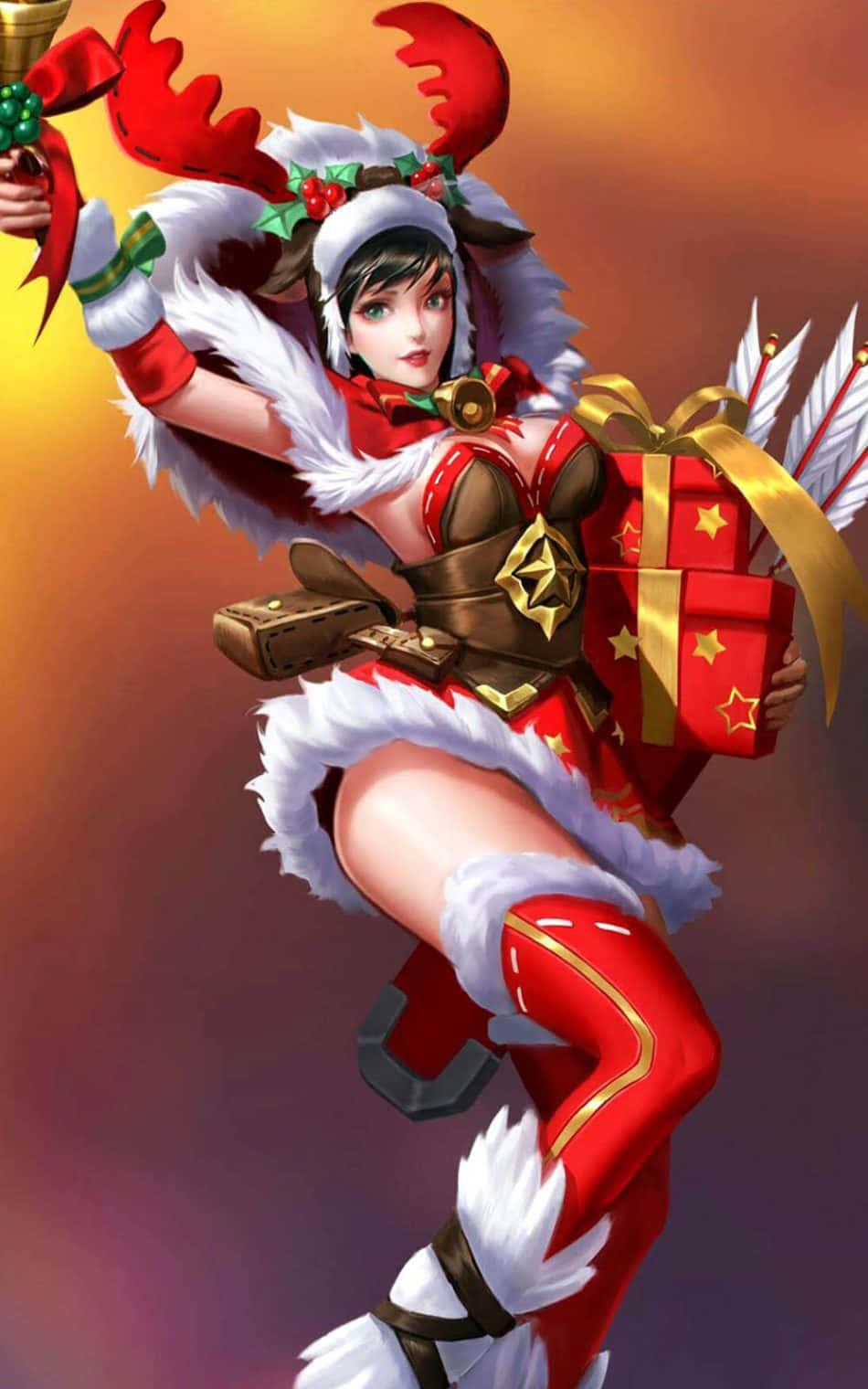 Mobile Legends 動態圖 桌布 壁紙 — 一位節日動漫戰士，戴著紅色馴鹿角和聖誕老人服裝，在溫暖的漸變背景前拿著禮物盒。