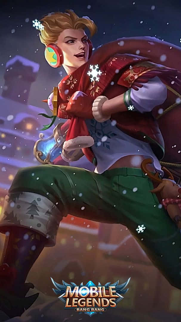Mobile Legends 動態圖 桌布 壁紙 — 一位節日動漫英雄穿著紅色節日裝備，在飄落的雪花中跳躍，手持發光武器並帶有雪花點綴。