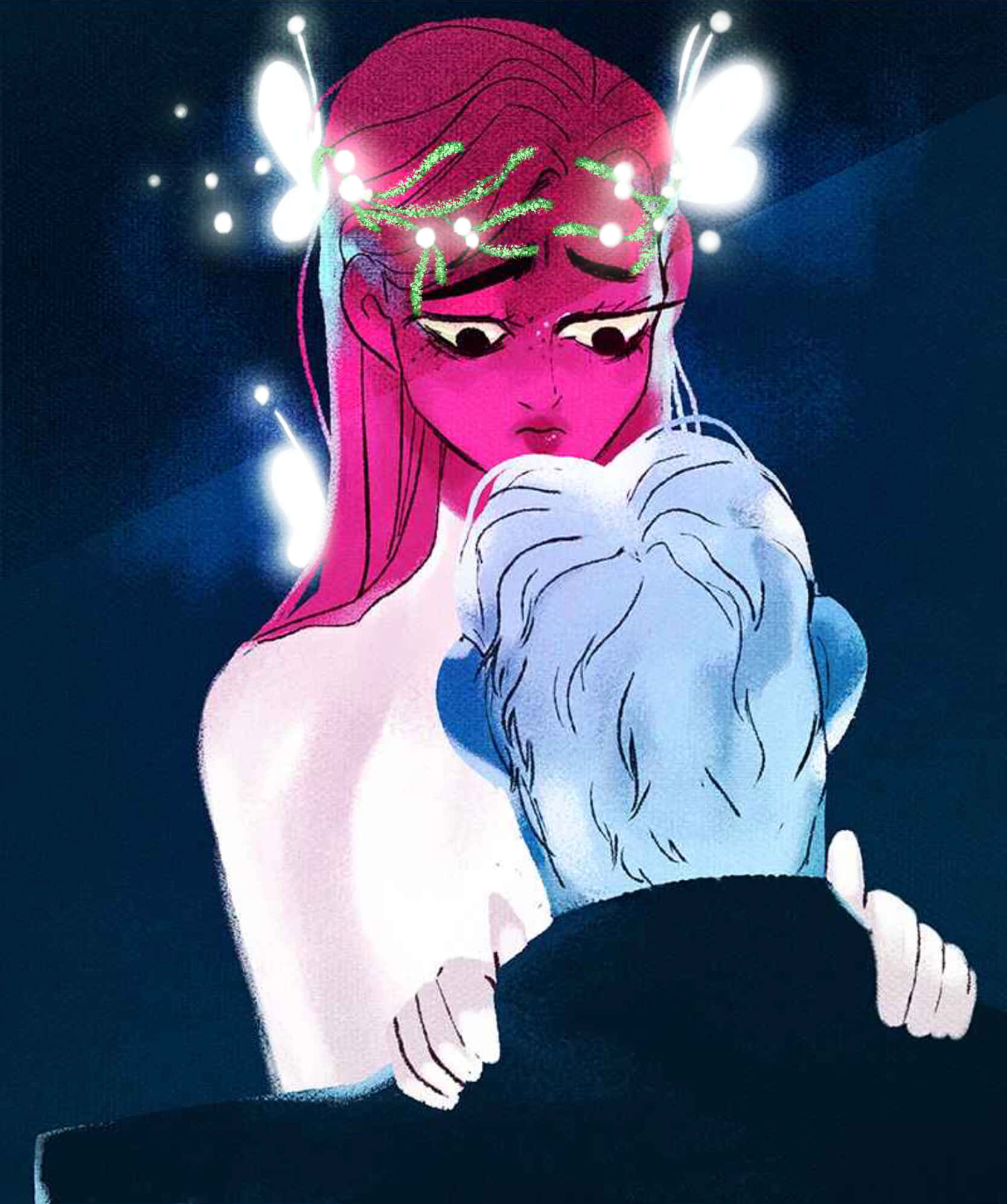 Lore Olympus Webtoon 桌布 壁紙 — 一位粉紅色皮膚的仙子，發光的翅膀擁抱著一位藍色頭髮的人物，背景是黑暗的夜空。