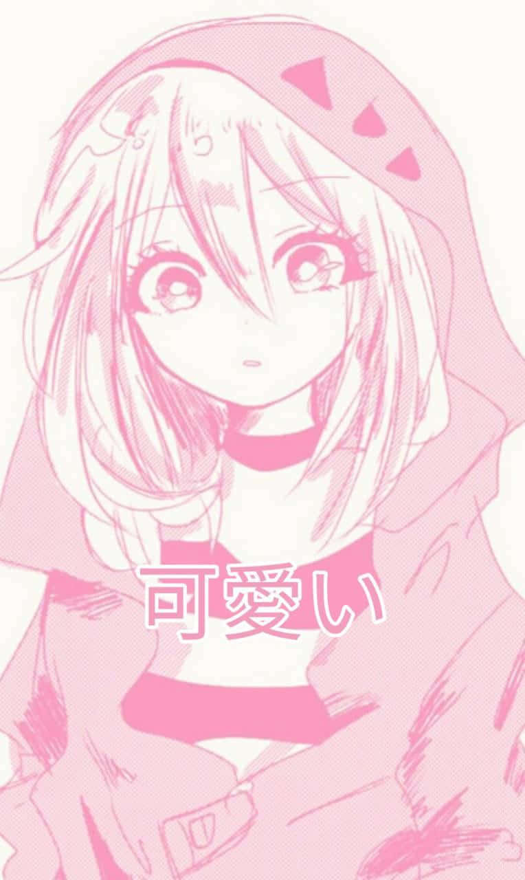 Pastel Pink Aesthetic Anime 桌布 壁紙 — 一位粉紅色調的動漫女孩，大眼睛，穿著連帽衫，在淺色背景下溫柔微笑。