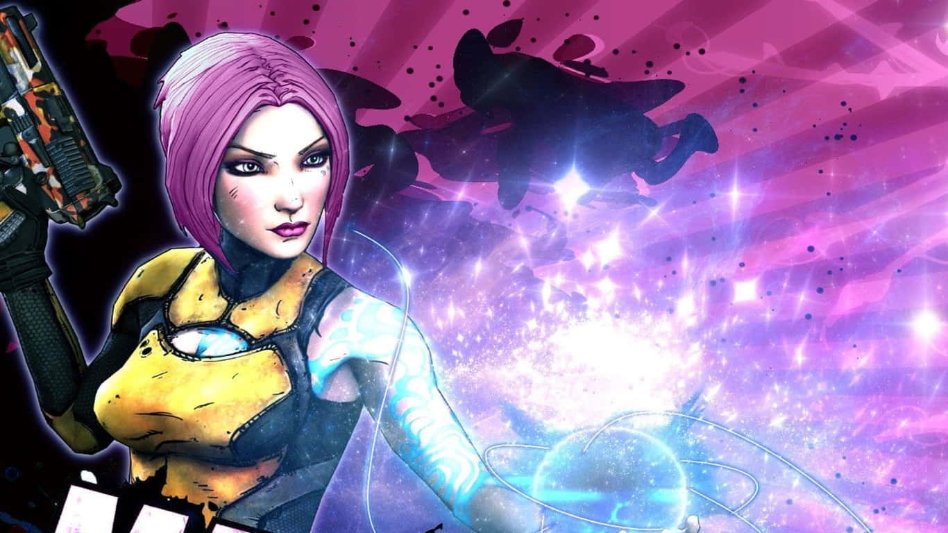 1366x768 Borderlands 3 桌布 壁紙 — 一位粉紅色頭髮、兇猛的動漫風格女戰士，在宇宙紫色星雲背景下揮舞武器。