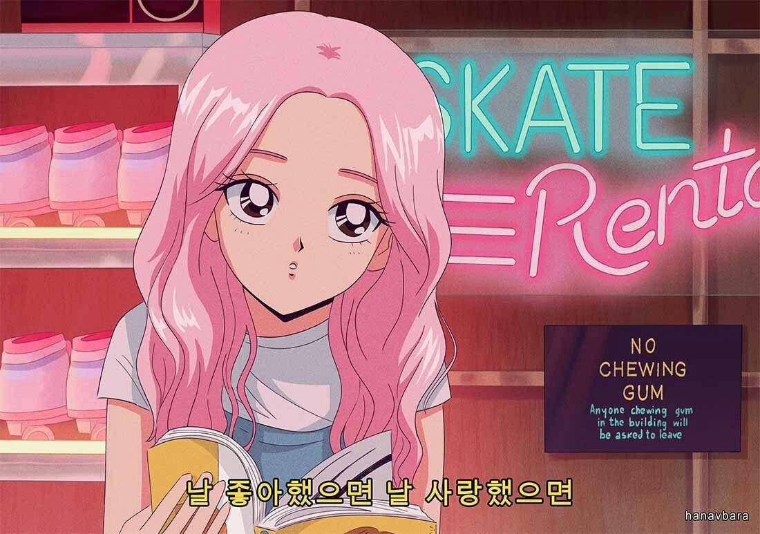 Retro Aesthetic 桌布 壁紙 — 一位粉紅色頭髮、大眼睛的動漫女孩在發光的霓虹溜冰鞋租賃店前看書。
