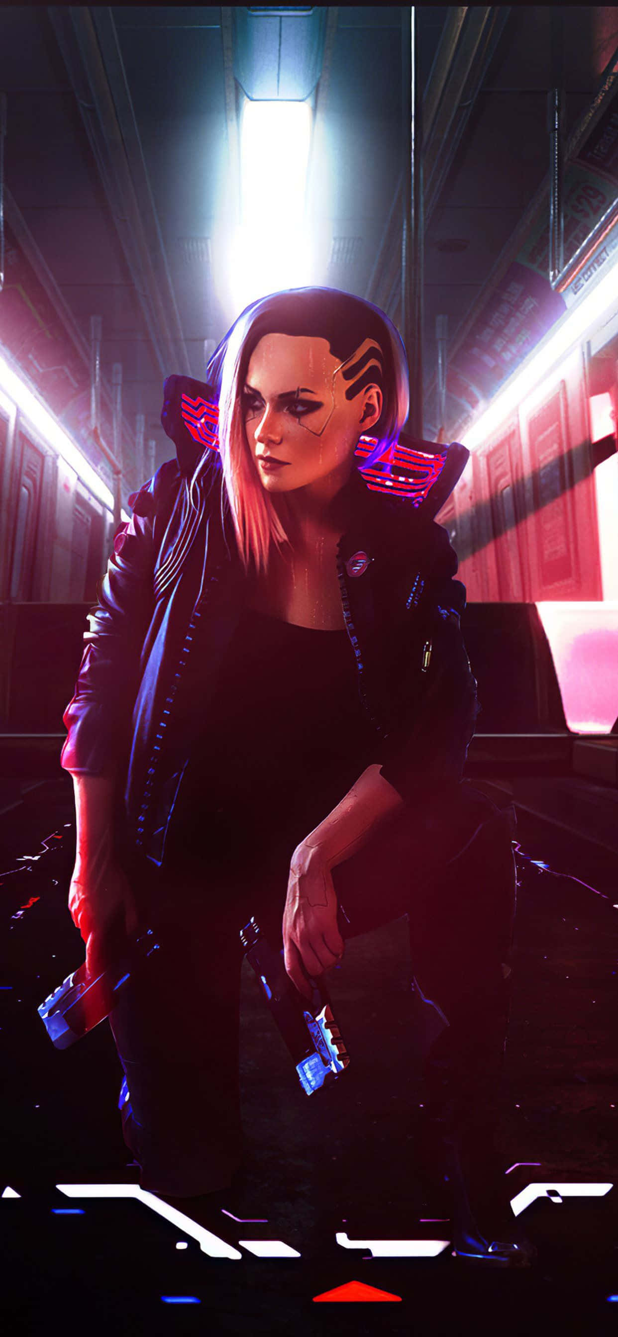 Pixel 3xl Cyberpunk 2077 桌布 壁紙 — 一位粉紅色頭髮、帶有發光電子植入物的賽博龐克女性，站在霓虹燈照亮的未來主義走廊中，手持兩把手槍。