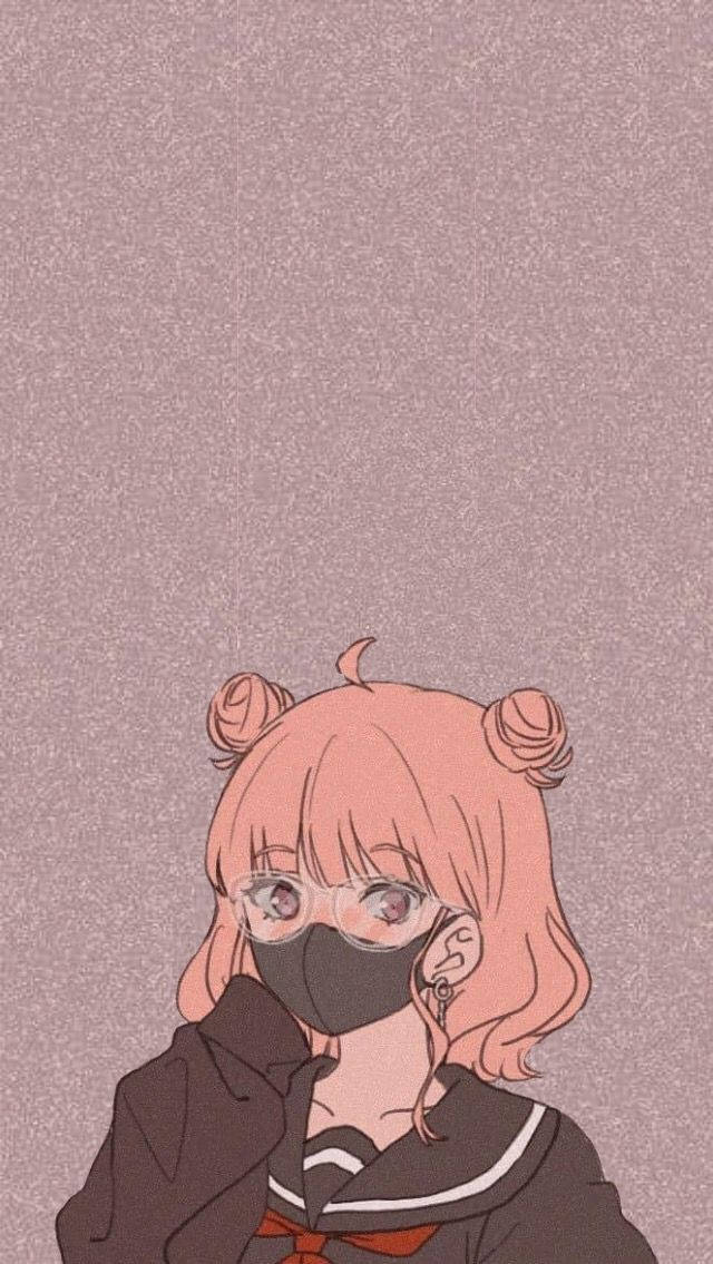 Cool Girl Cartoon 桌布 壁紙 — 一位粉紅色頭髮、戴眼鏡和口罩的動漫女孩，在帶有紋理的紫紅色背景上向上凝視。
