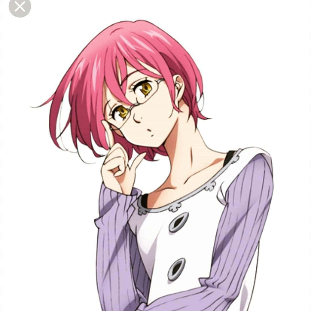 Seven Deadly Sins Gowther 桌布 壁紙 — 一位粉紅色頭髮、戴眼鏡的動漫女孩，托著下巴，若有所思地歪著頭。