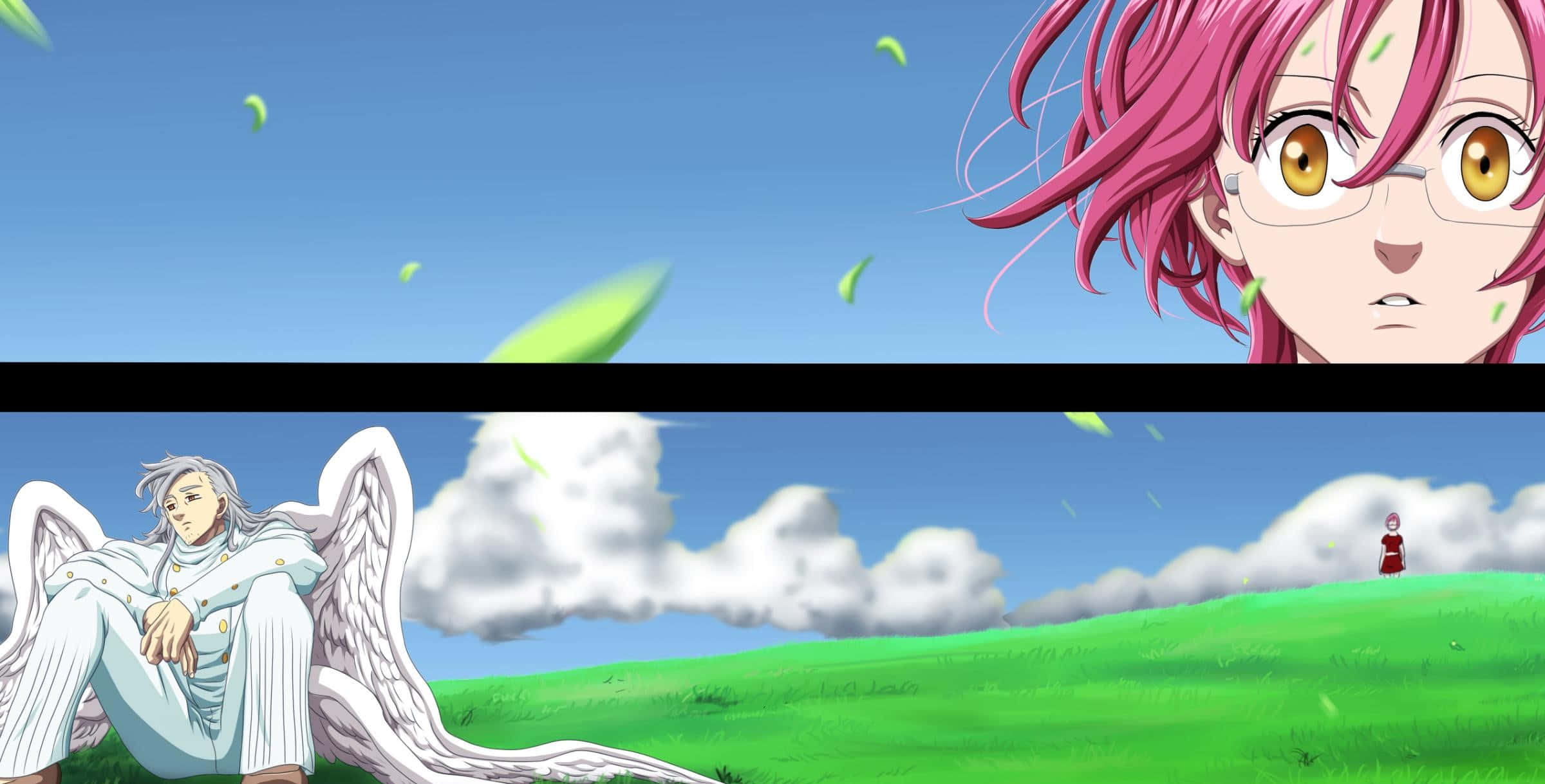 Seven Deadly Sins Gowther 桌布 壁紙 — 一位粉紅色頭髮、戴眼鏡的動漫女孩向上凝視，綠葉在寧靜的天空中飄過，下方草地上有一位帶翅膀的天使靜靜地坐著。