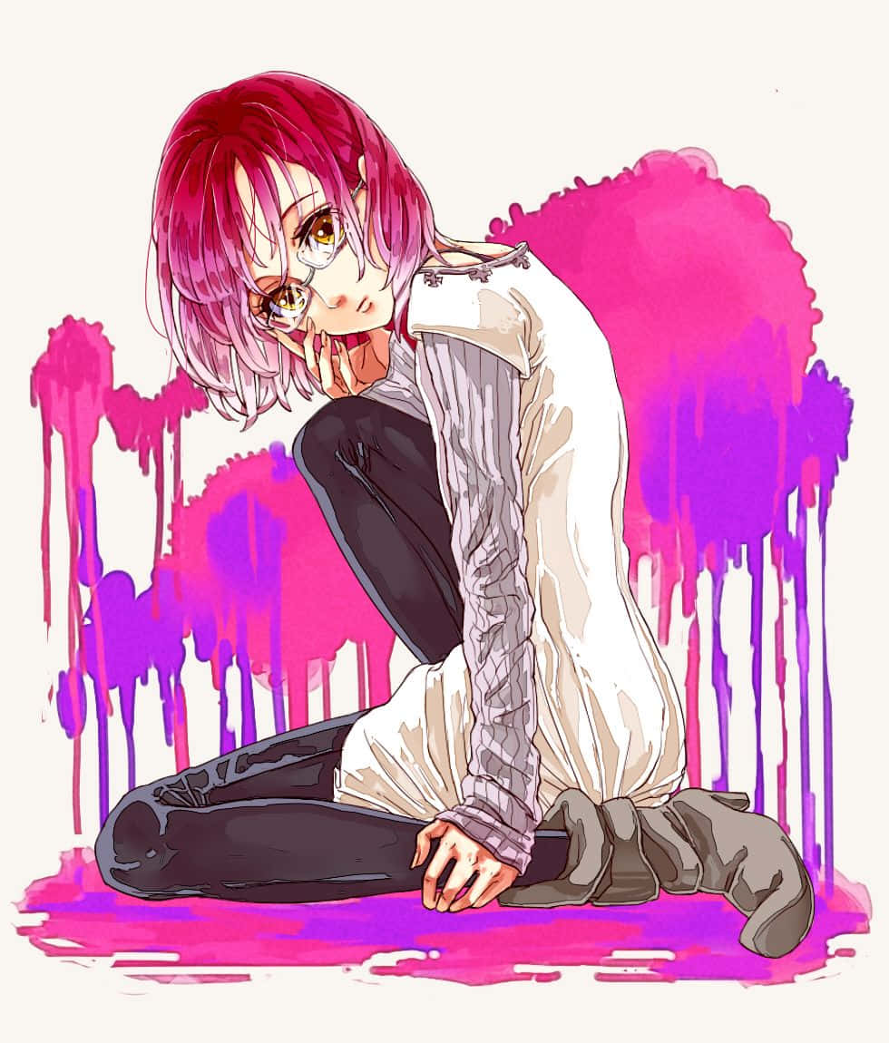 Seven Deadly Sins Gowther 桌布 壁紙 — 一位粉紅色頭髮、戴眼鏡的動漫女孩坐在紫色油漆水坑上，背景是滴落的粉紅色和紫色。