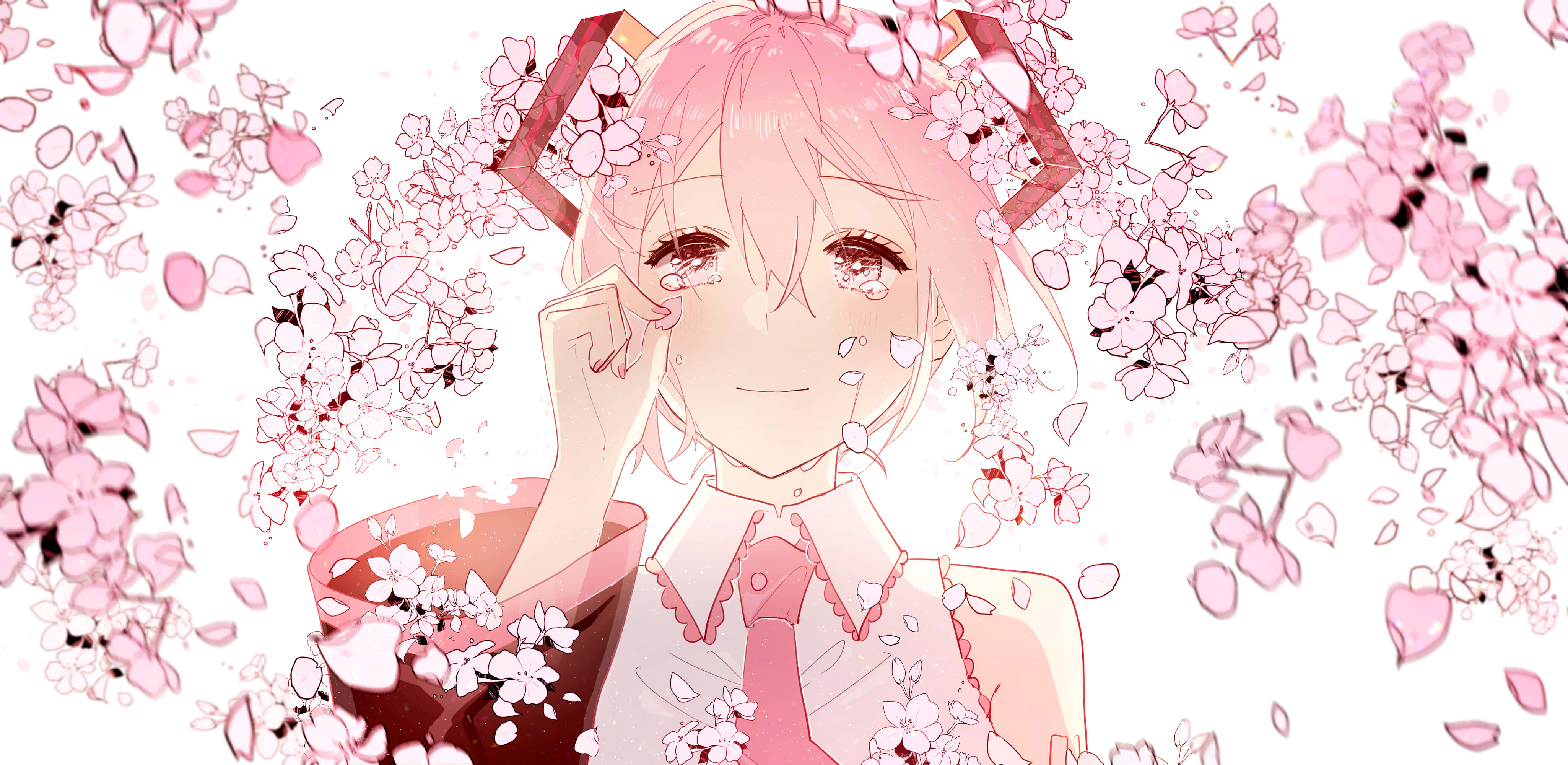 anime girl crying 桌布 壁紙 — 一位粉紅色頭髮、戴著兔耳朵的動畫女孩溫柔地微笑，櫻花在她周圍的柔和粉彩光芒中旋轉。